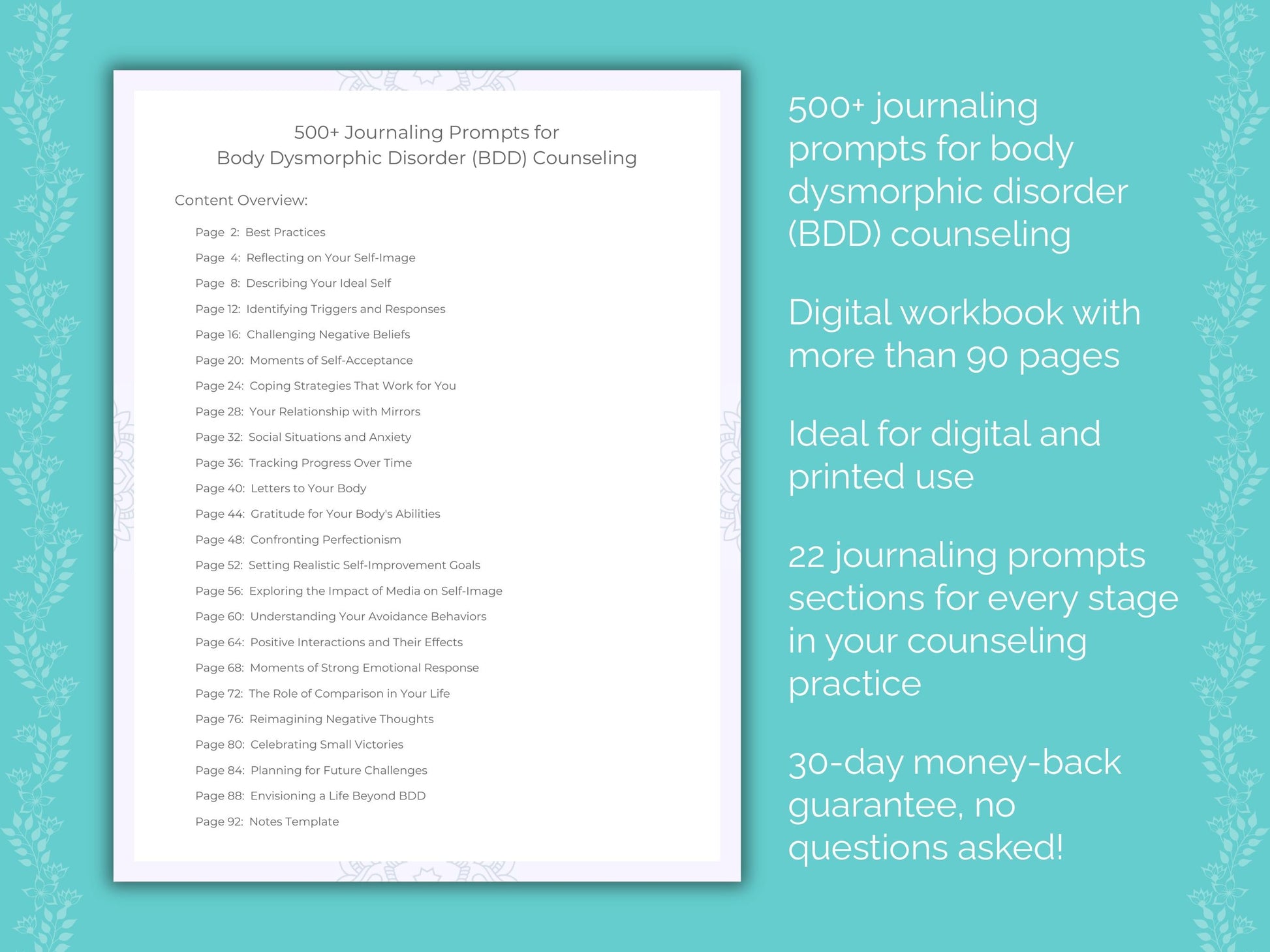 Body Dysmorphic Disorder (BDD) Counseling Therapist Worksheets