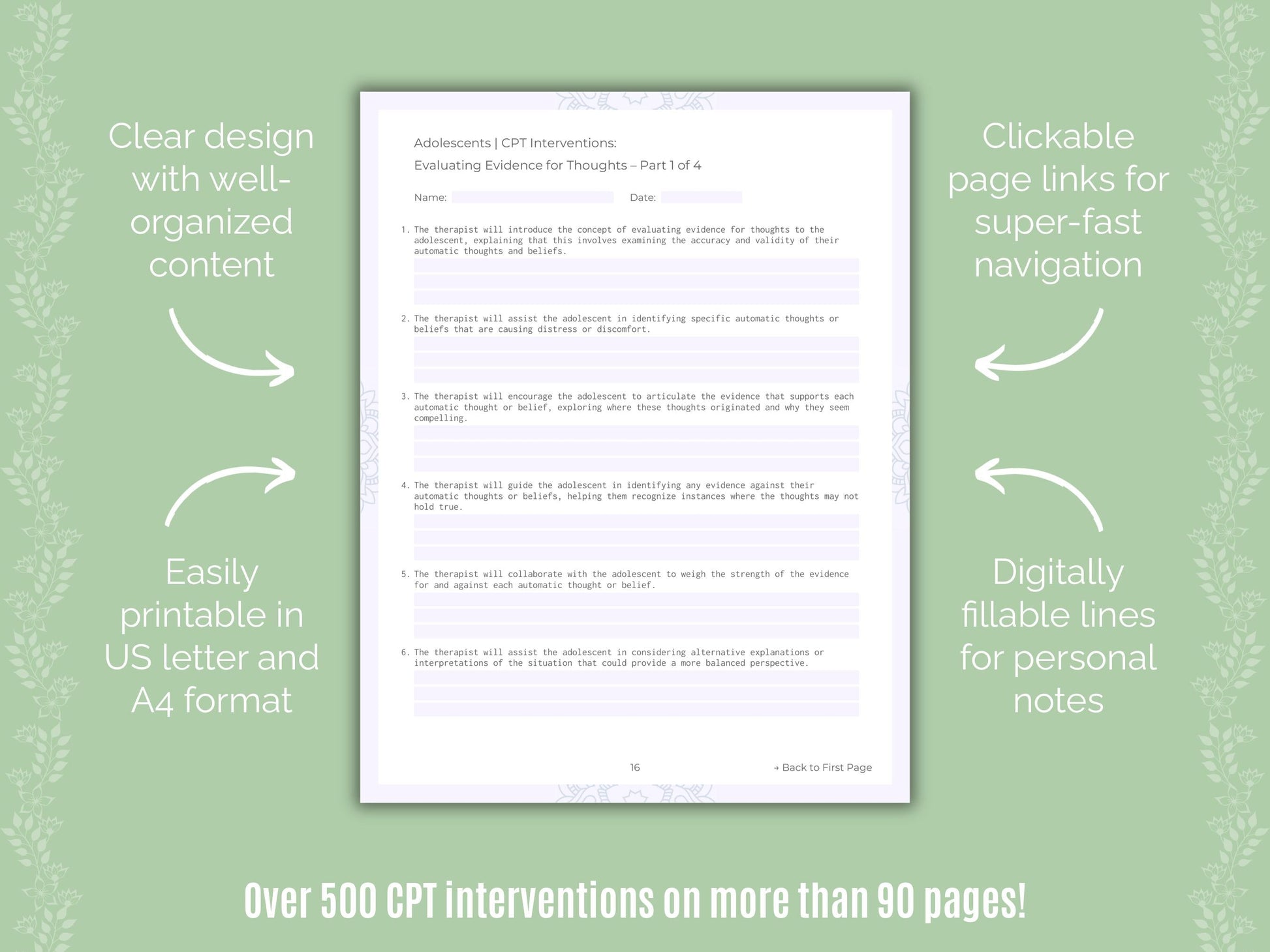 Adolescents Cognitive Processing Therapy (CPT) Counseling Templates