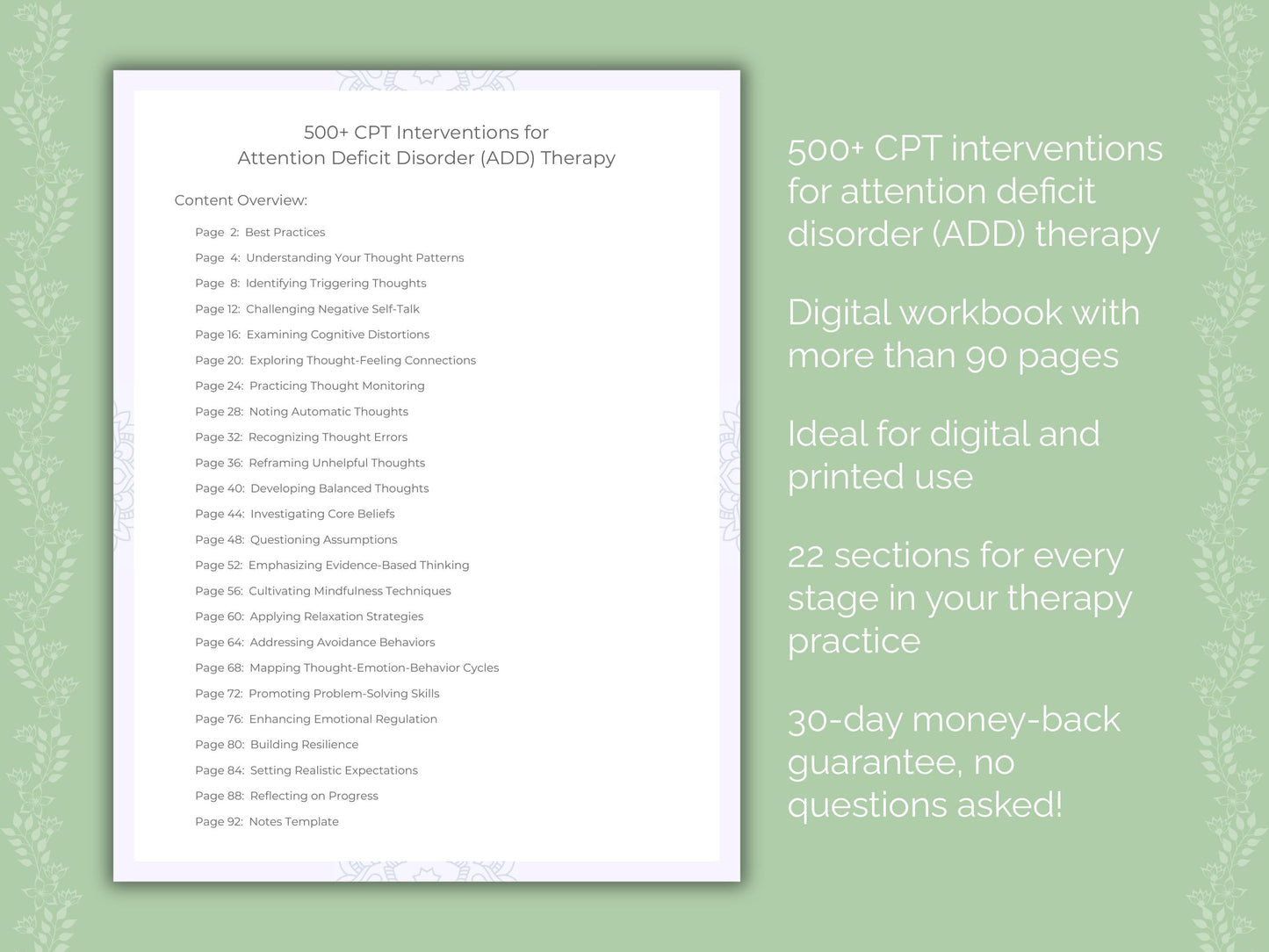 Attention Deficit Disorder (ADD) Cognitive Processing Therapy (CPT) Therapist Worksheets