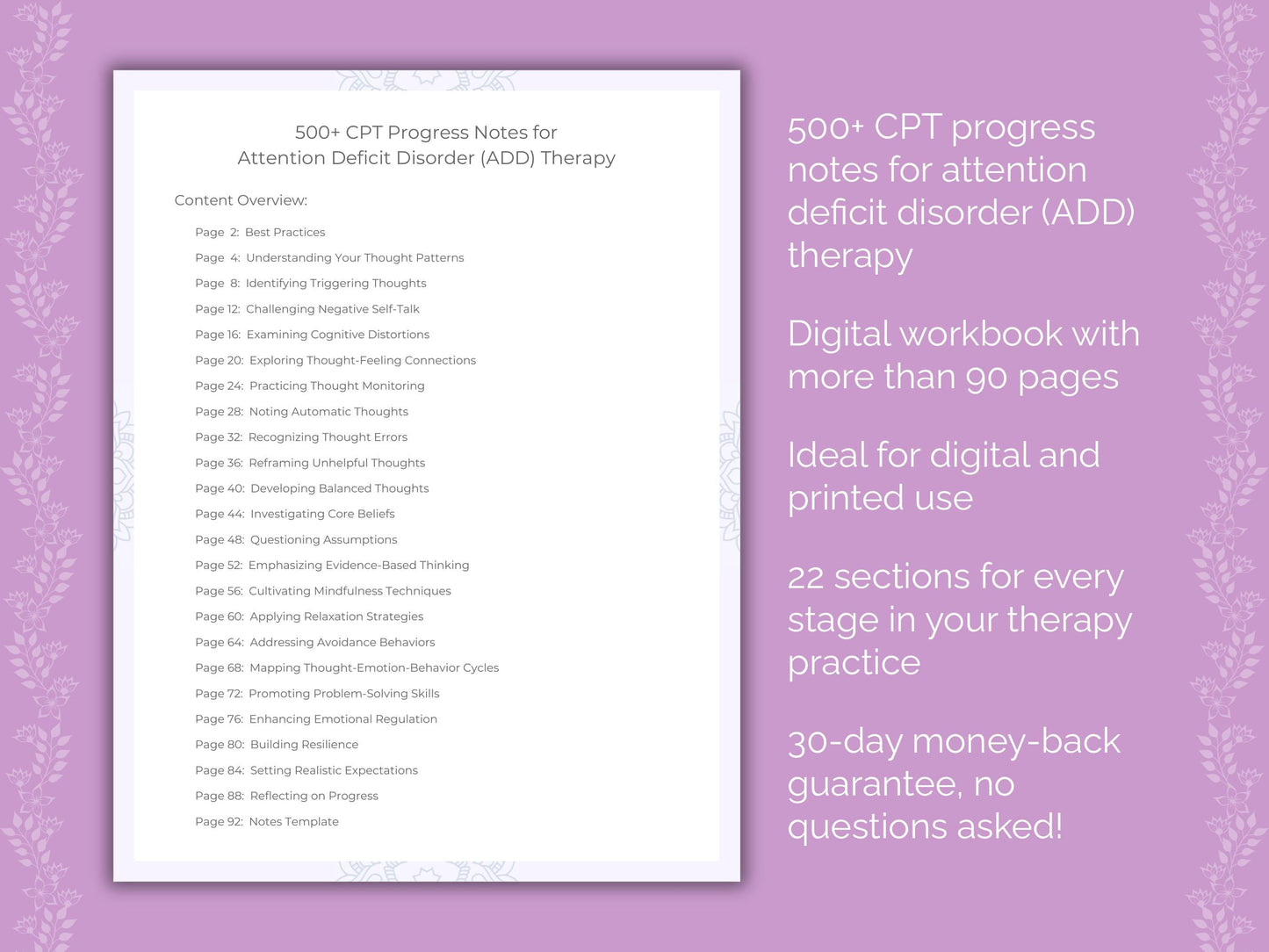 Attention Deficit Disorder (ADD) Cognitive Processing Therapy (CPT) Therapist Worksheets