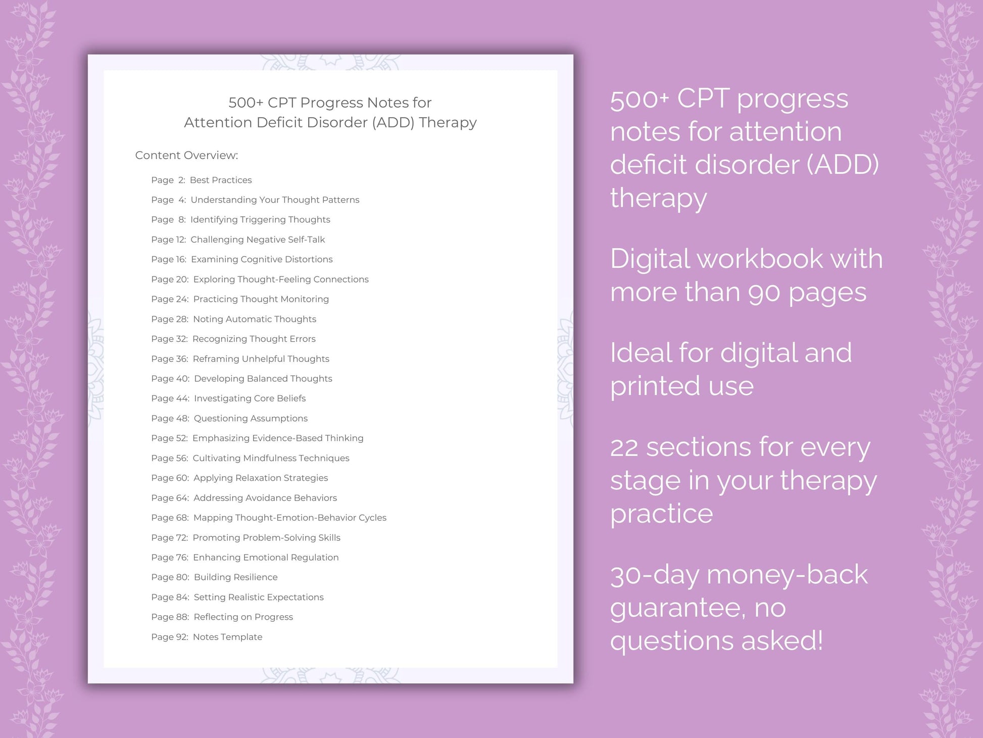 Attention Deficit Disorder (ADD) Cognitive Processing Therapy (CPT) Therapist Worksheets