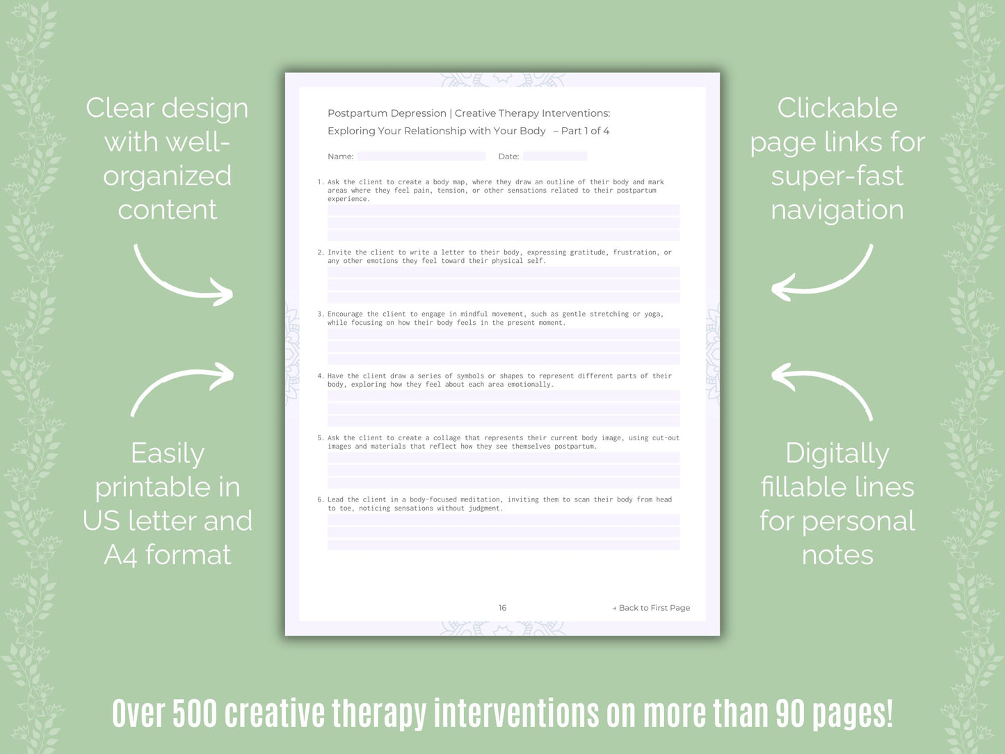 Postpartum Depression Creative Therapy Counseling Templates