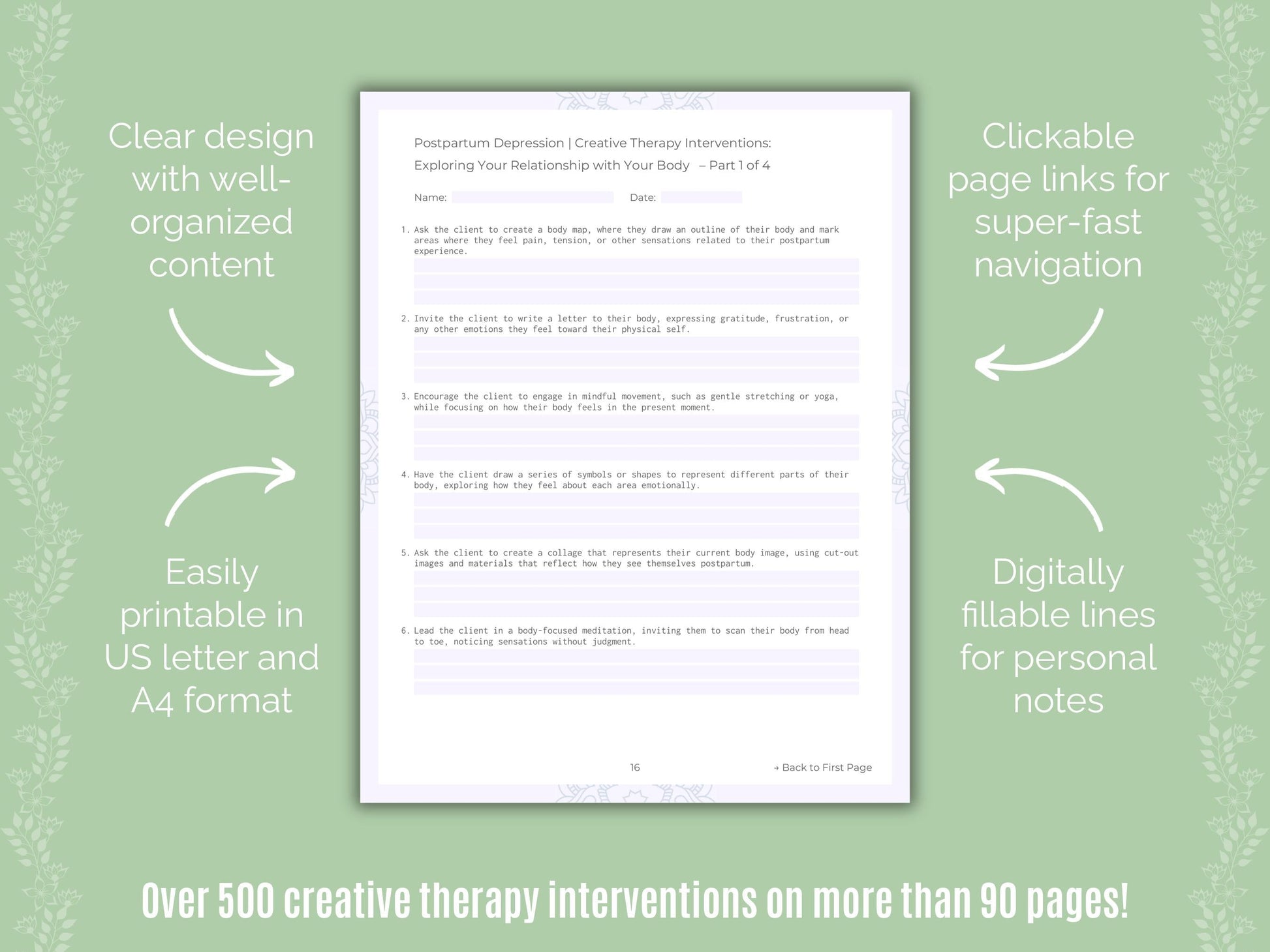 Postpartum Depression Creative Therapy Counseling Templates