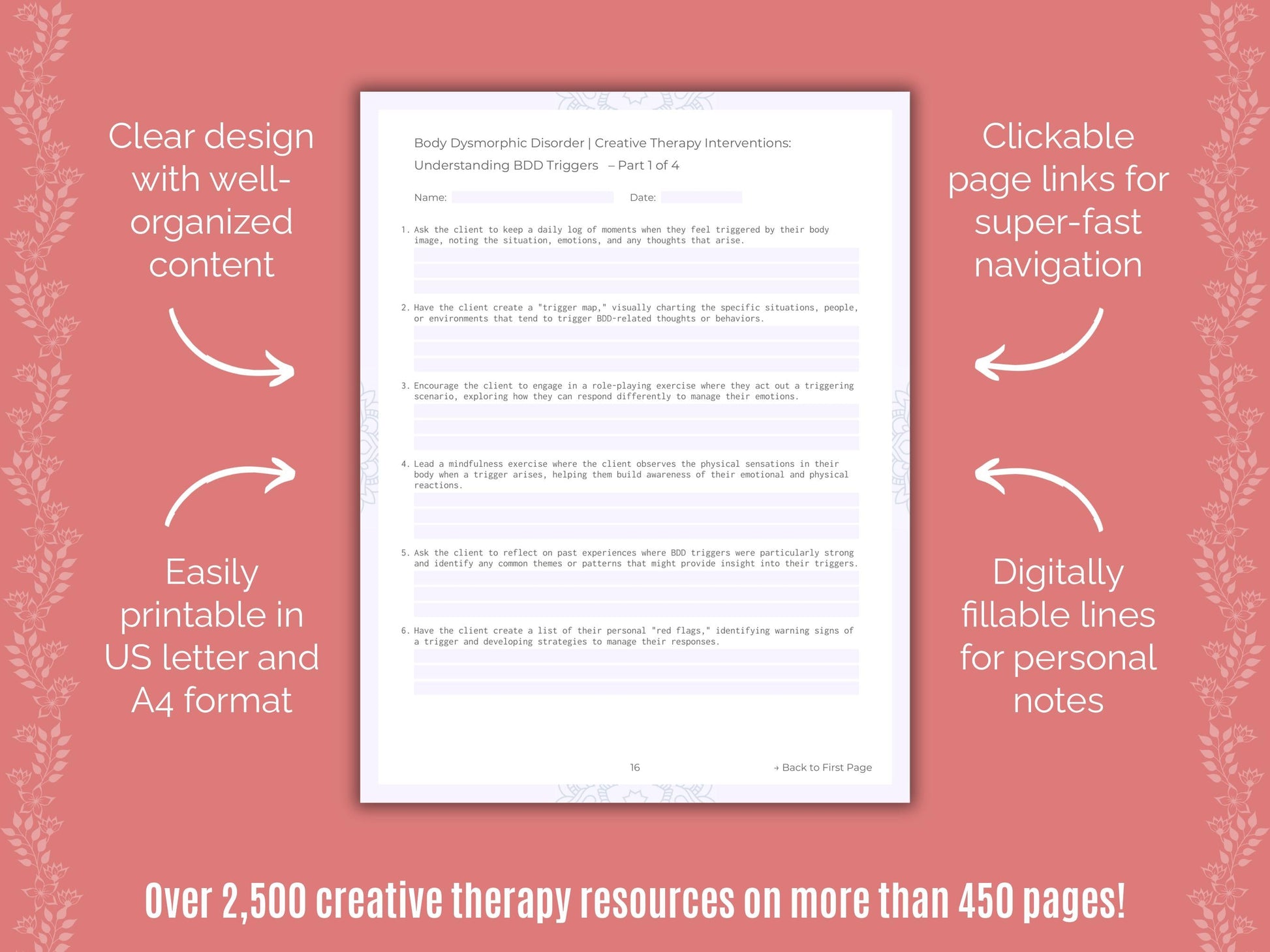 Body Dysmorphic Disorder (BDD) Creative Therapy Counseling Templates