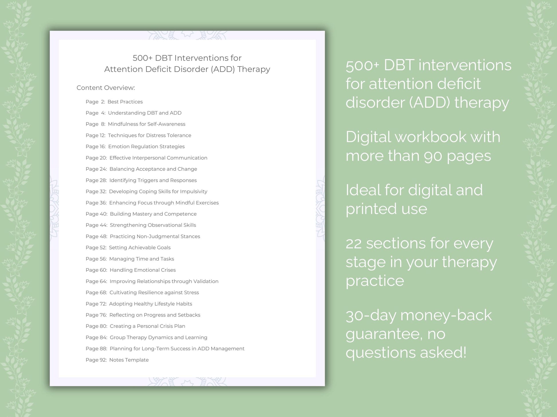 Attention Deficit Disorder (ADD) Dialectical Behavior Therapy (DBT) Therapist Worksheets