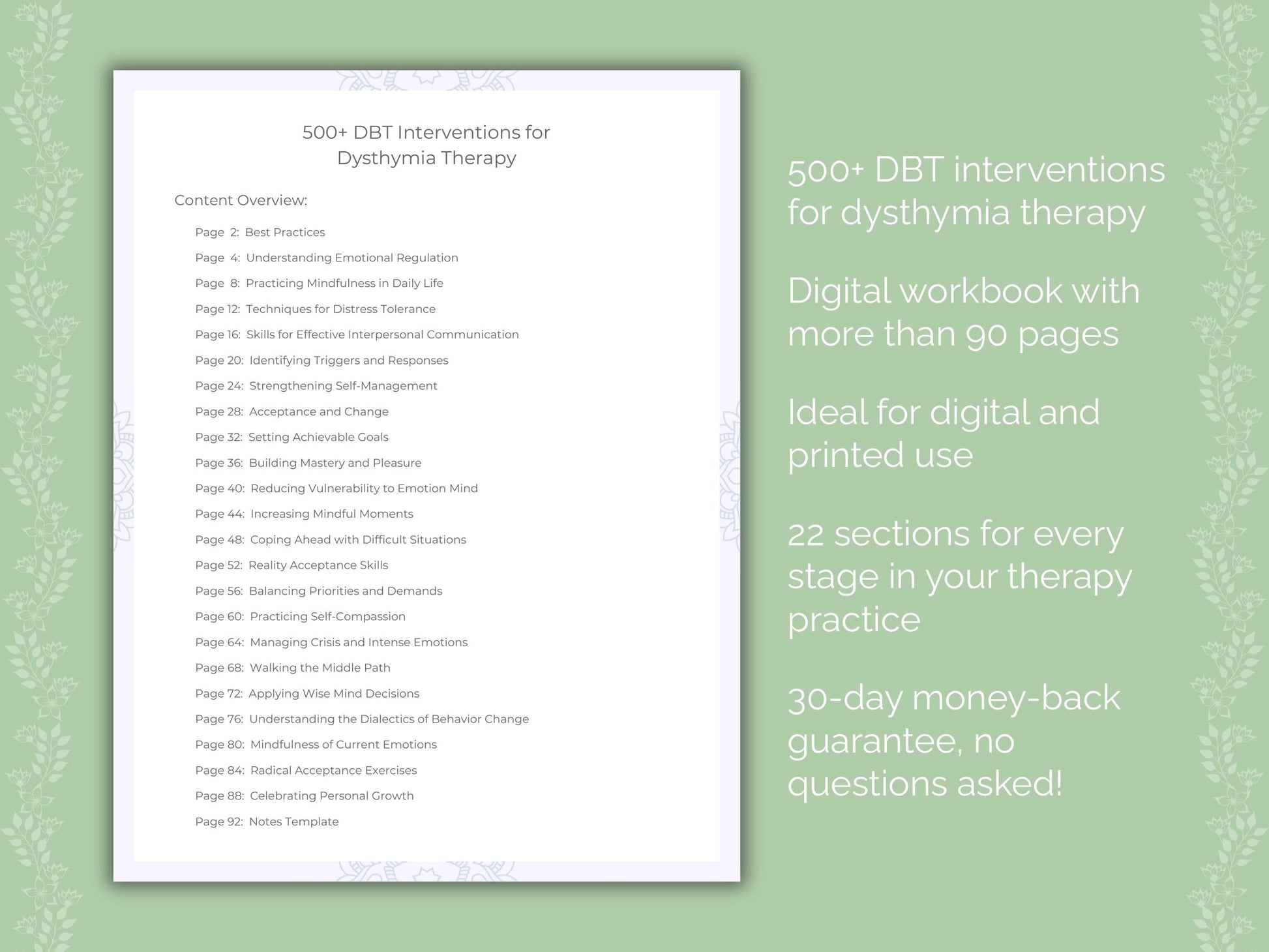 Dysthymia Dialectical Behavior Therapy (DBT) Therapist Worksheets