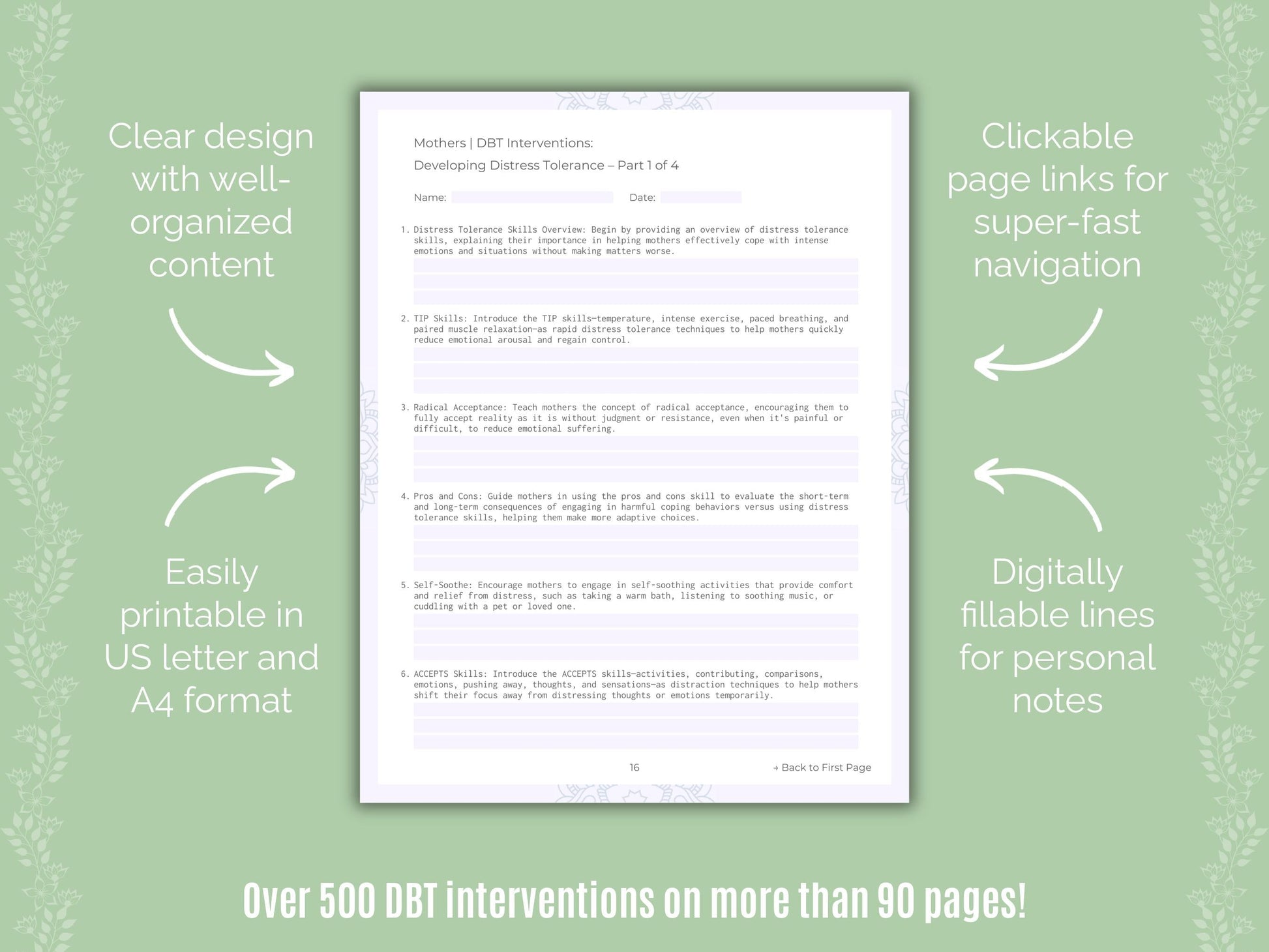 Mothers Dialectical Behavior Therapy (DBT) Counseling Templates