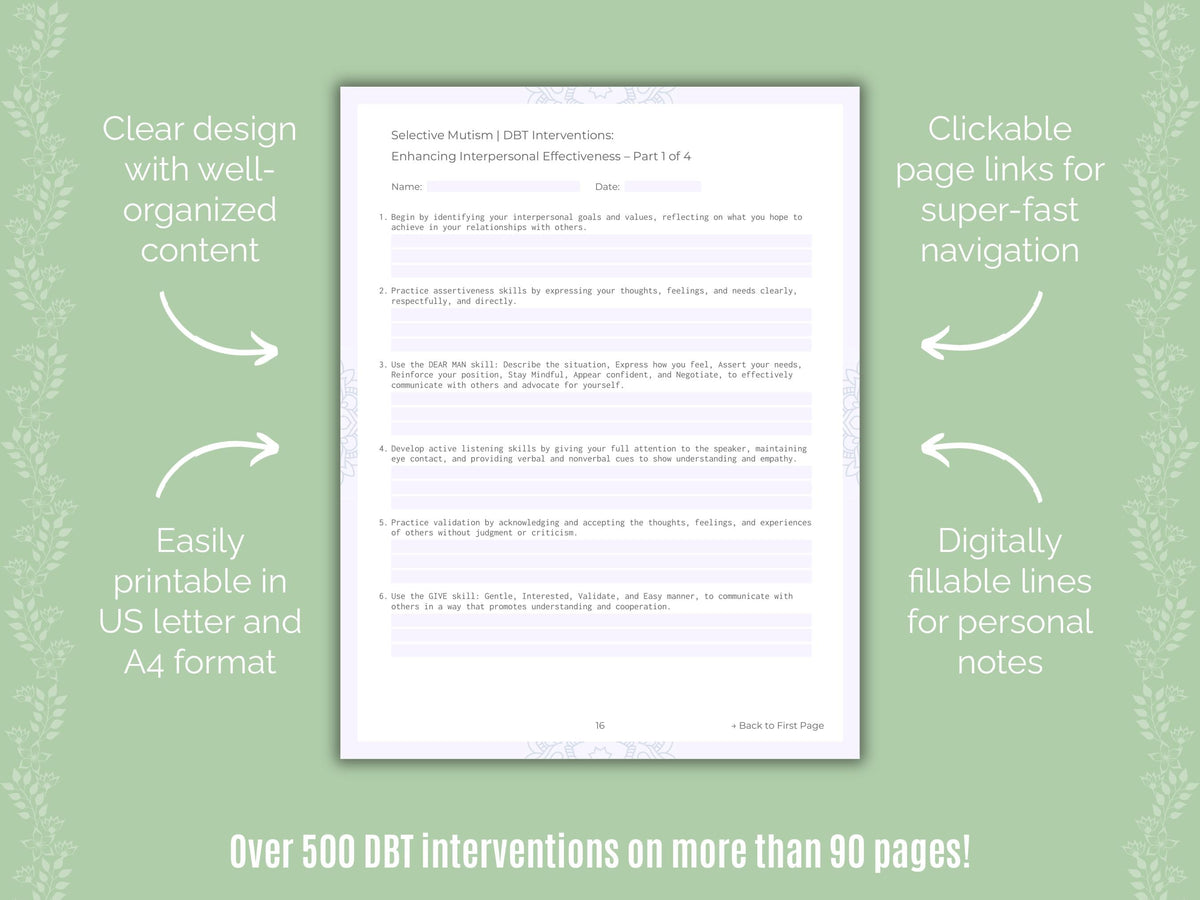Selective Mutism Dialectical Behavior Therapy (DBT) Counseling Templates