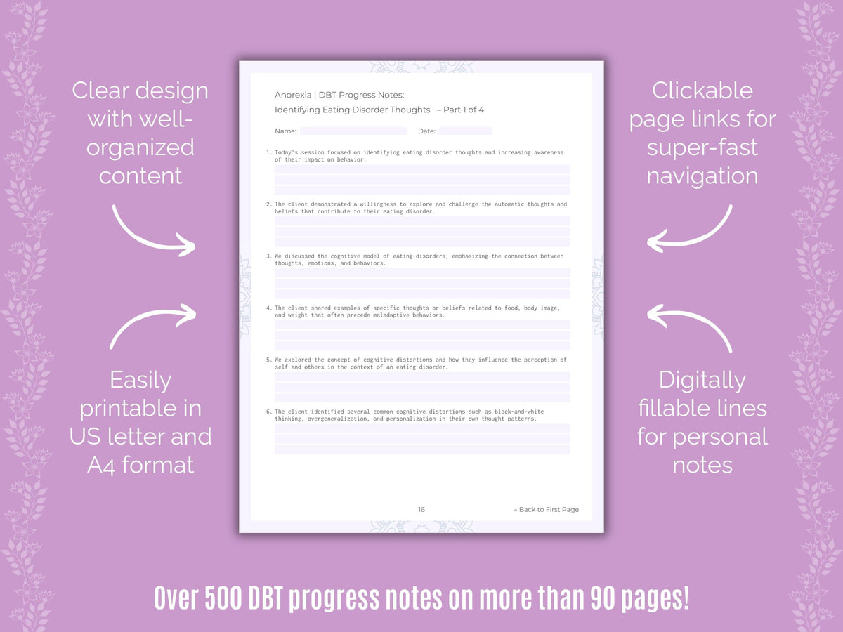 Anorexia Dialectical Behavior Therapy (DBT) Counseling Templates