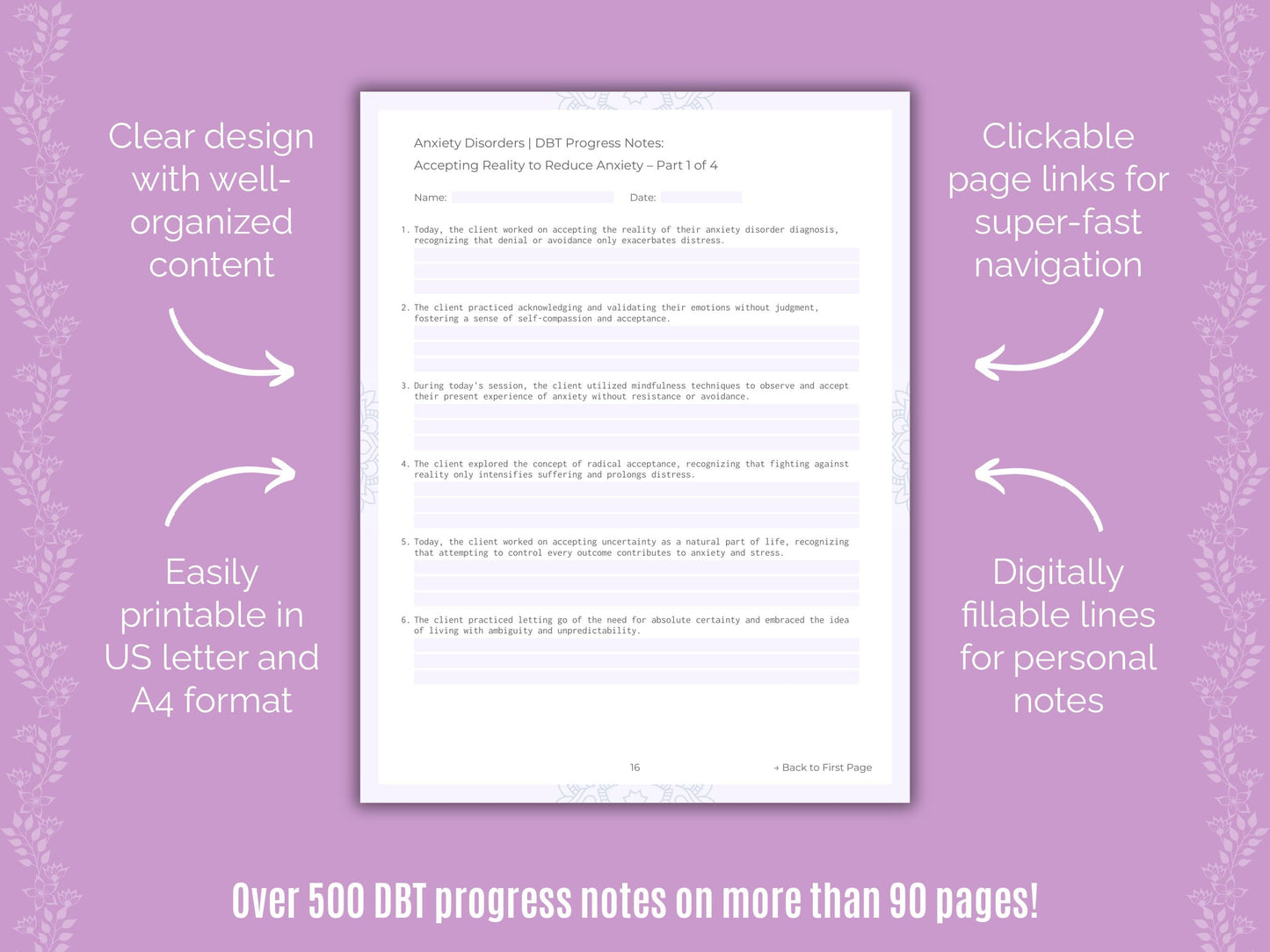 Anxiety Disorders Dialectical Behavior Therapy (DBT) Counseling Templates