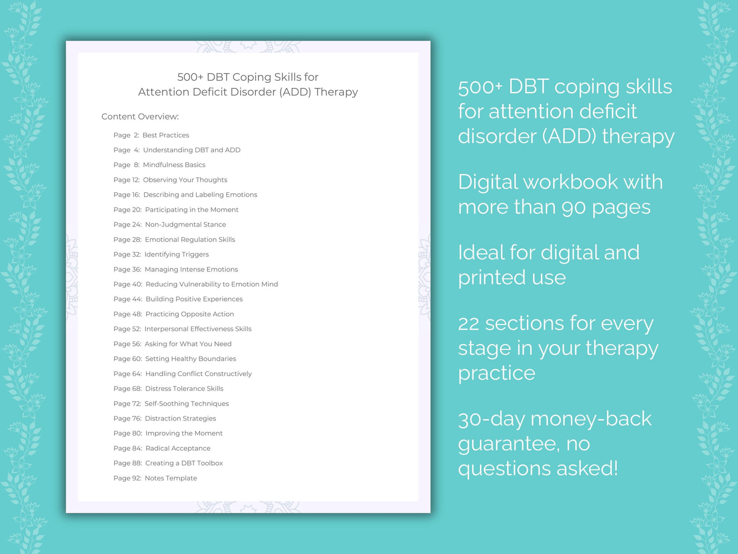 Attention Deficit Disorder (ADD) Dialectical Behavior Therapy (DBT) Therapist Worksheets