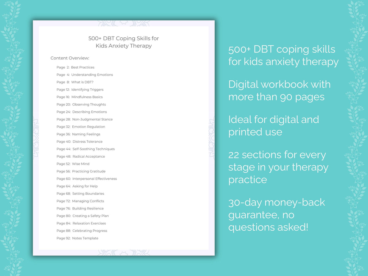 Kids Anxiety Dialectical Behavior Therapy (DBT) Therapist Worksheets