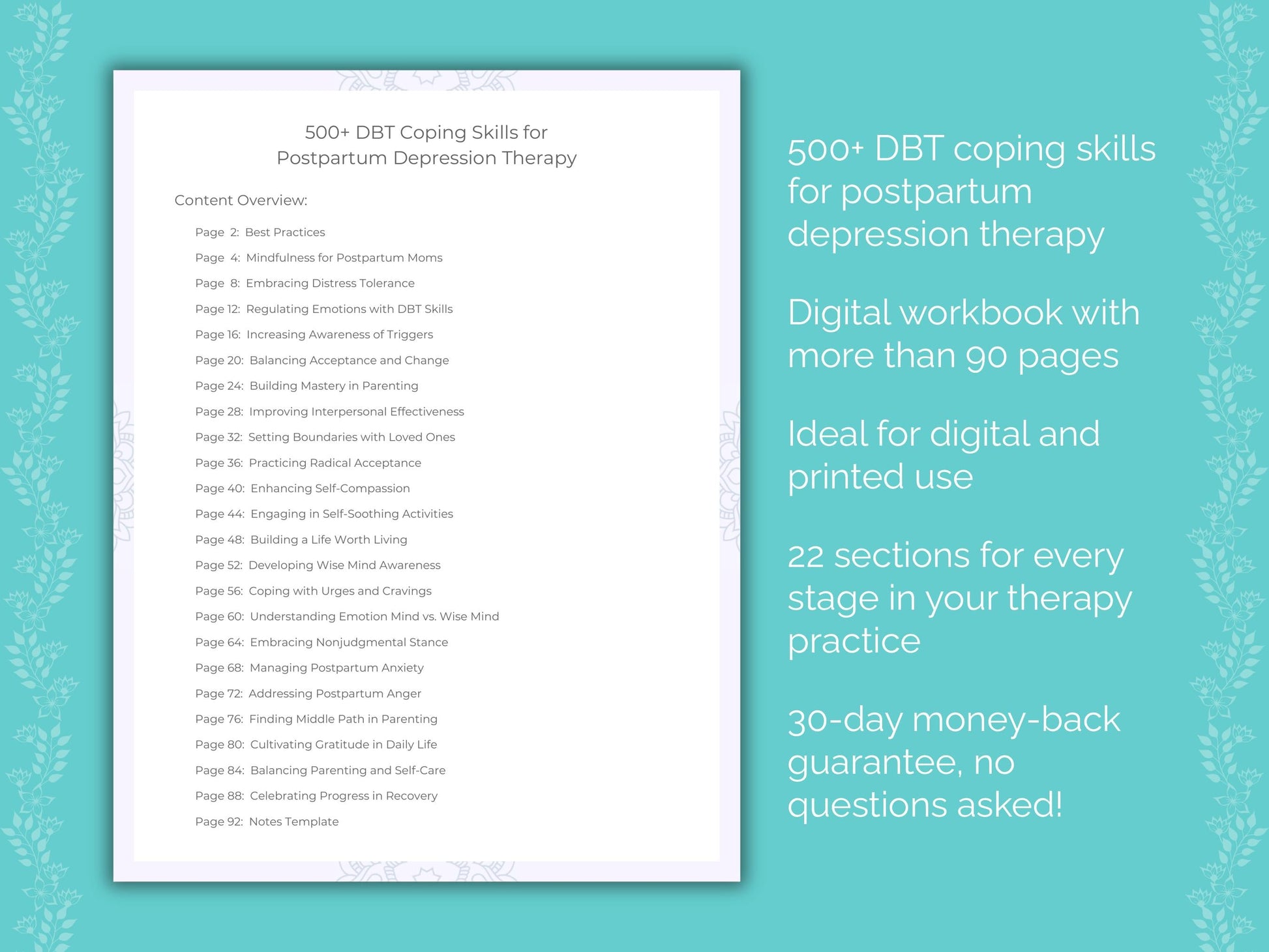 Postpartum Depression Dialectical Behavior Therapy (DBT) Therapist Worksheets