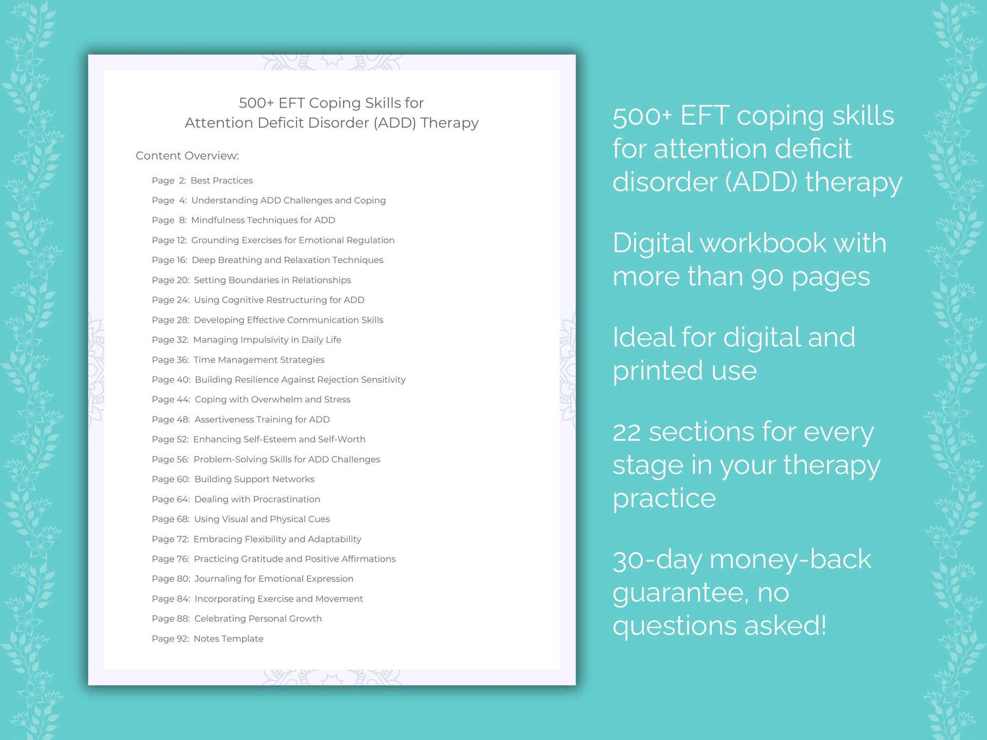 Attention Deficit Disorder (ADD) Emotionally Focused Therapy (EFT) Therapist Worksheets