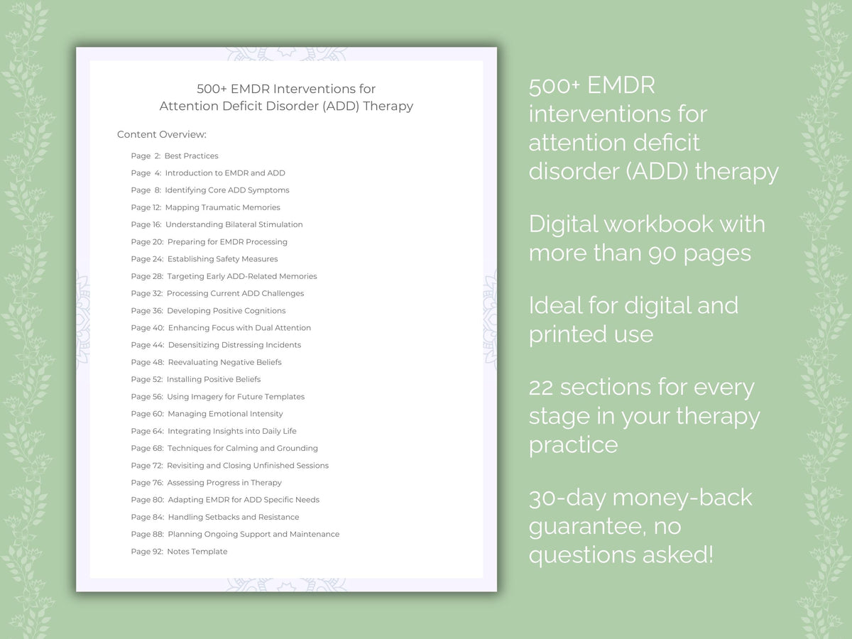 Attention Deficit Disorder (ADD) Eye Movement Desensitization and Reprocessing (EMDR) Therapist Worksheets