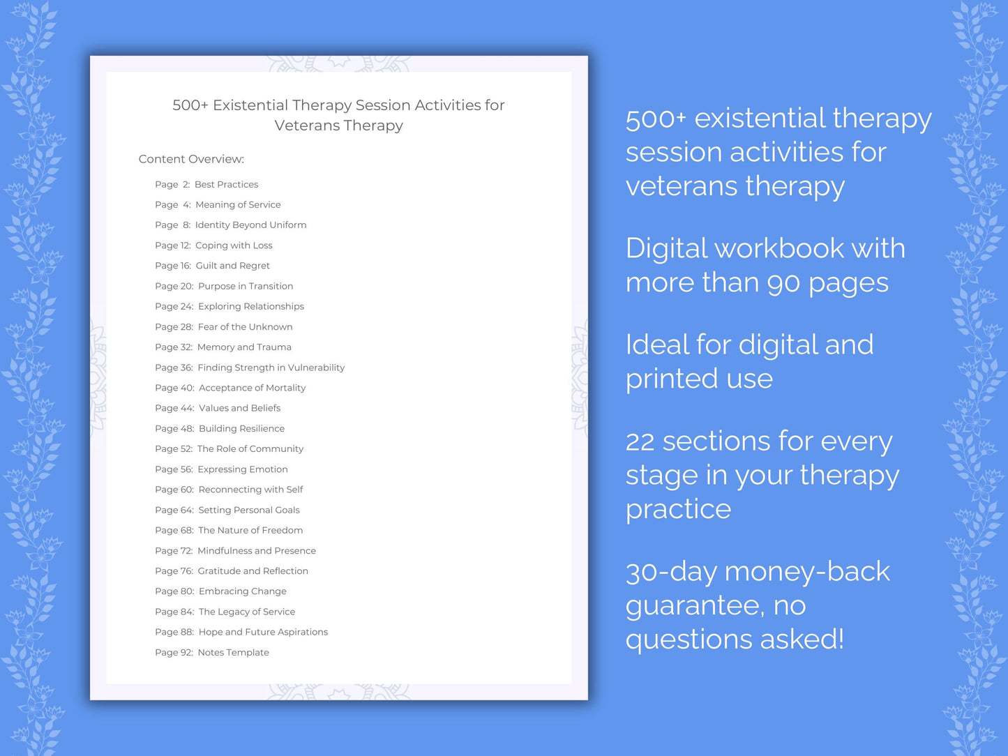 Veterans Existential Therapy Therapist Worksheets
