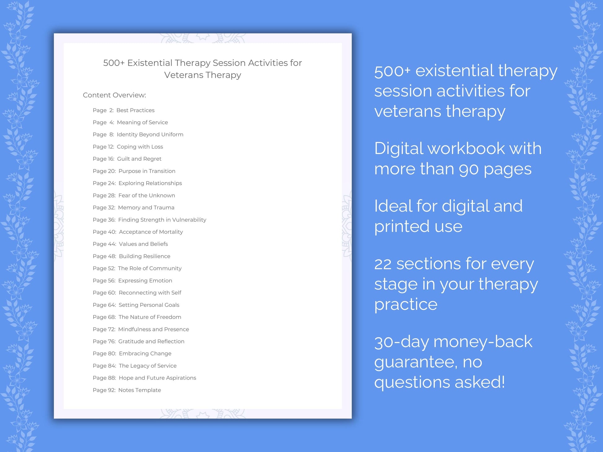Veterans Existential Therapy Therapist Worksheets