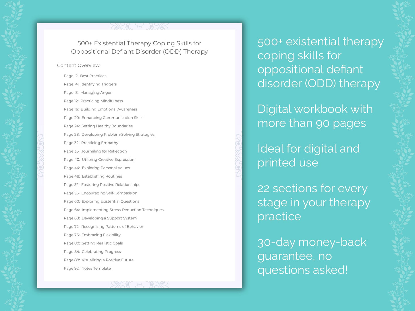 Oppositional Defiant Disorder (ODD) Existential Therapy Therapist Worksheets
