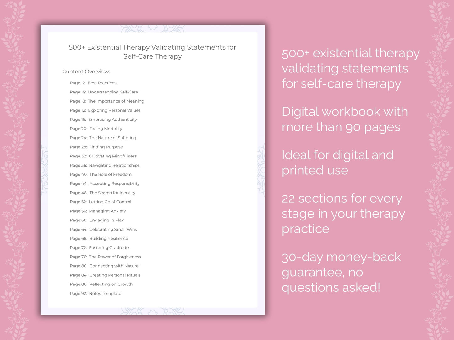 Self-Care Existential Therapy Therapist Worksheets