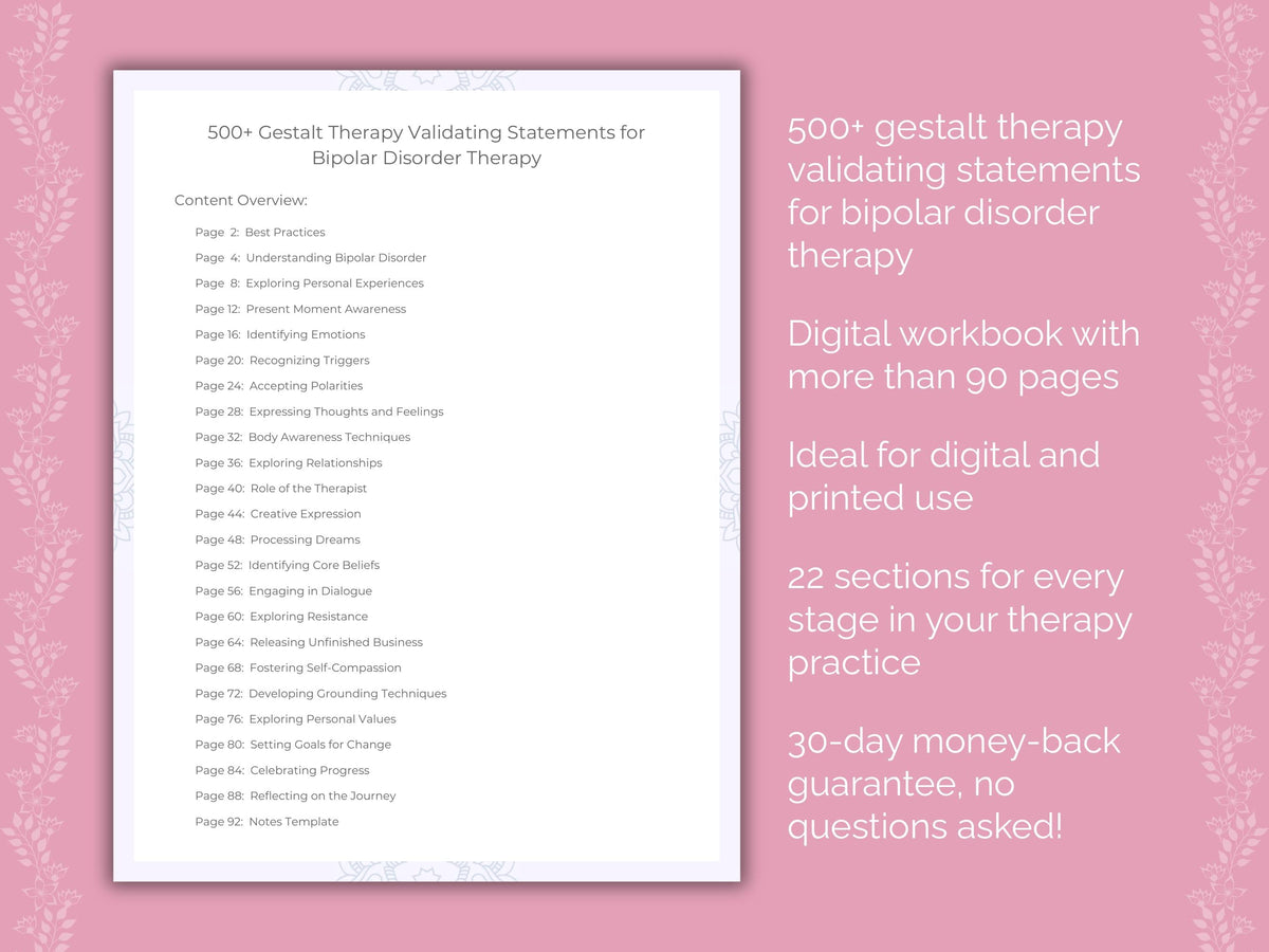 Bipolar Disorder Gestalt Therapy Therapist Worksheets