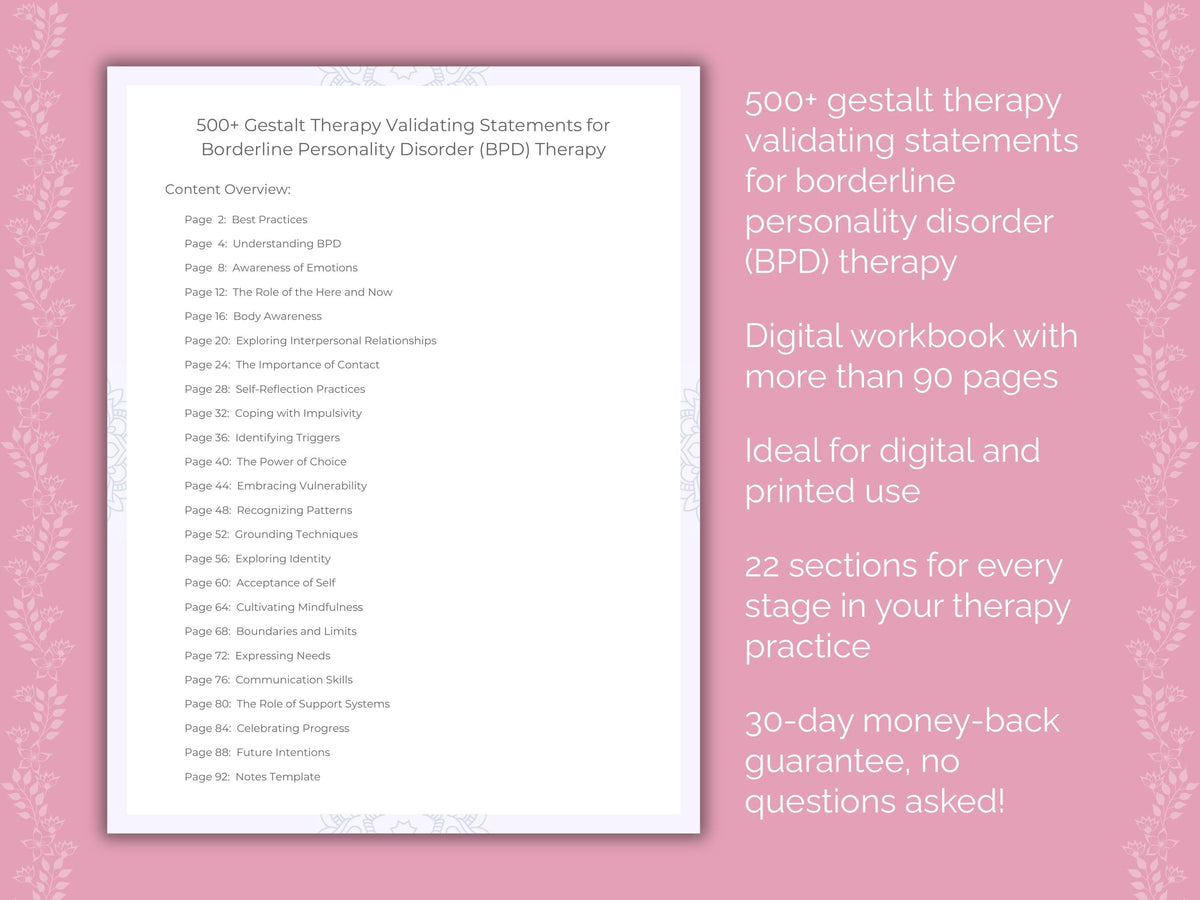Borderline Personality Disorder (BPD) Gestalt Therapy Therapist Worksheets
