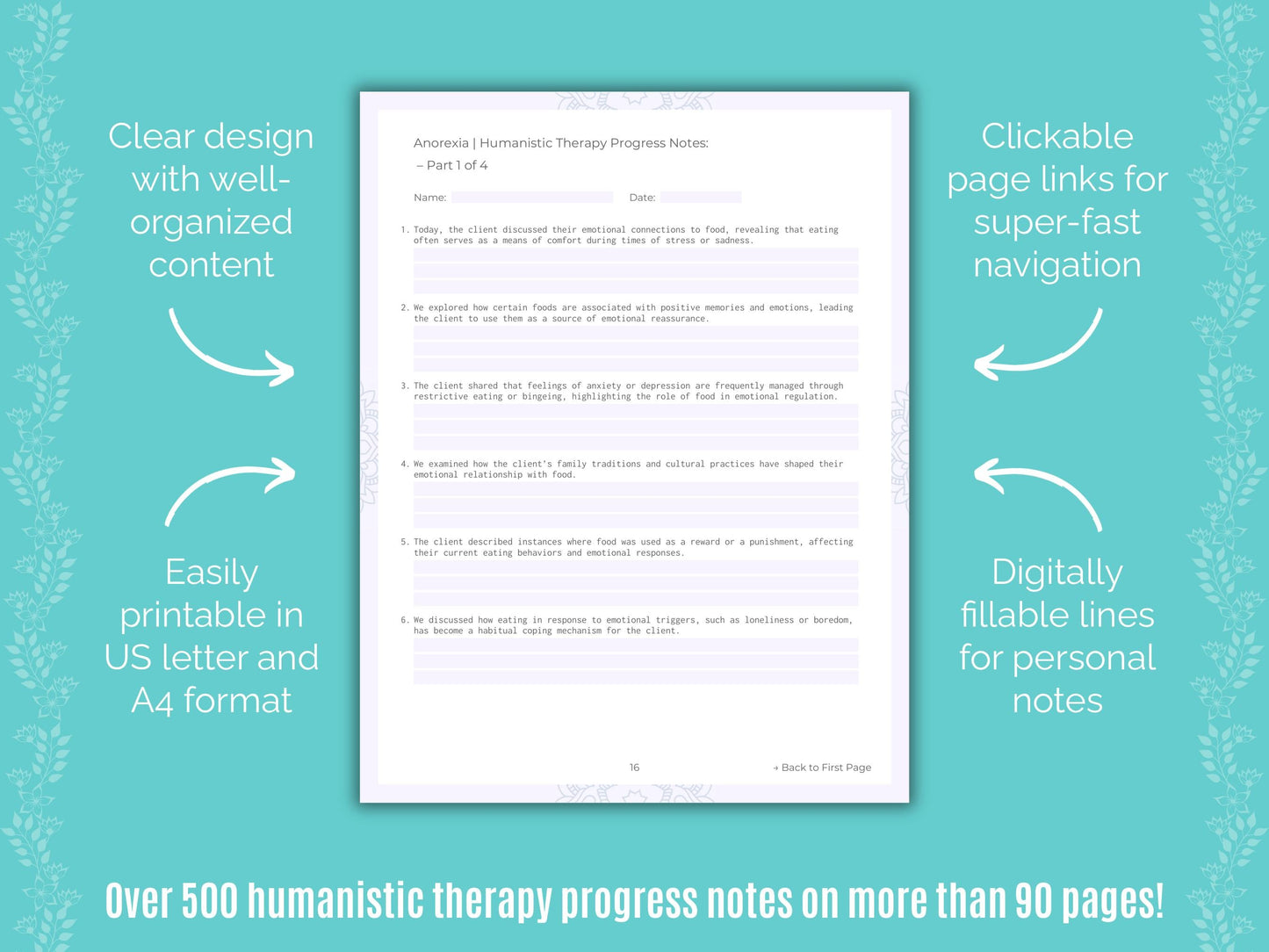 Anorexia Humanistic Therapy Counseling Templates