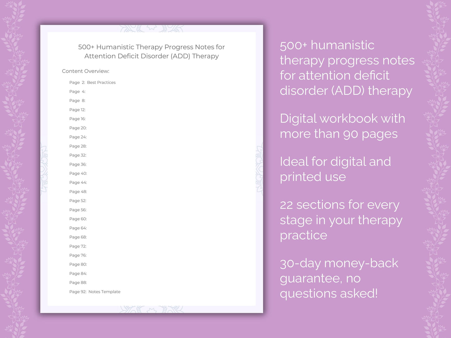 Attention Deficit Disorder (ADD) Humanistic Therapy Therapist Worksheets