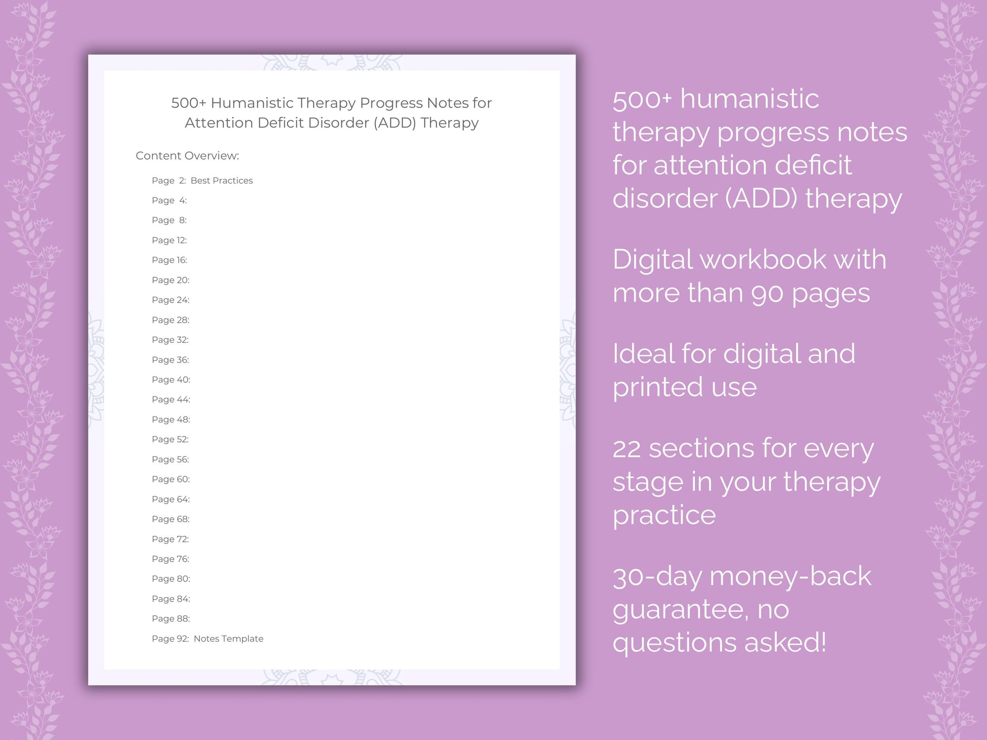 Attention Deficit Disorder (ADD) Humanistic Therapy Therapist Worksheets