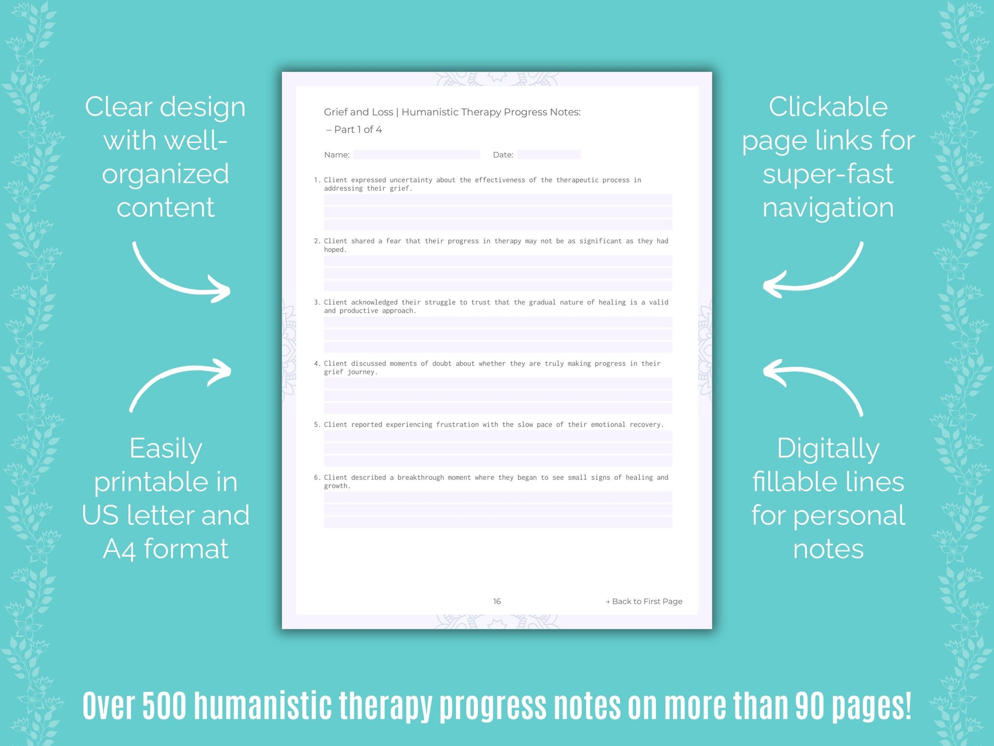 Grief and Loss Humanistic Therapy Counseling Templates