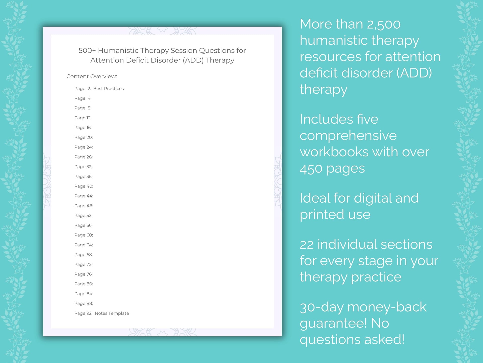 Attention Deficit Disorder (ADD) Humanistic Therapy Therapist Worksheets