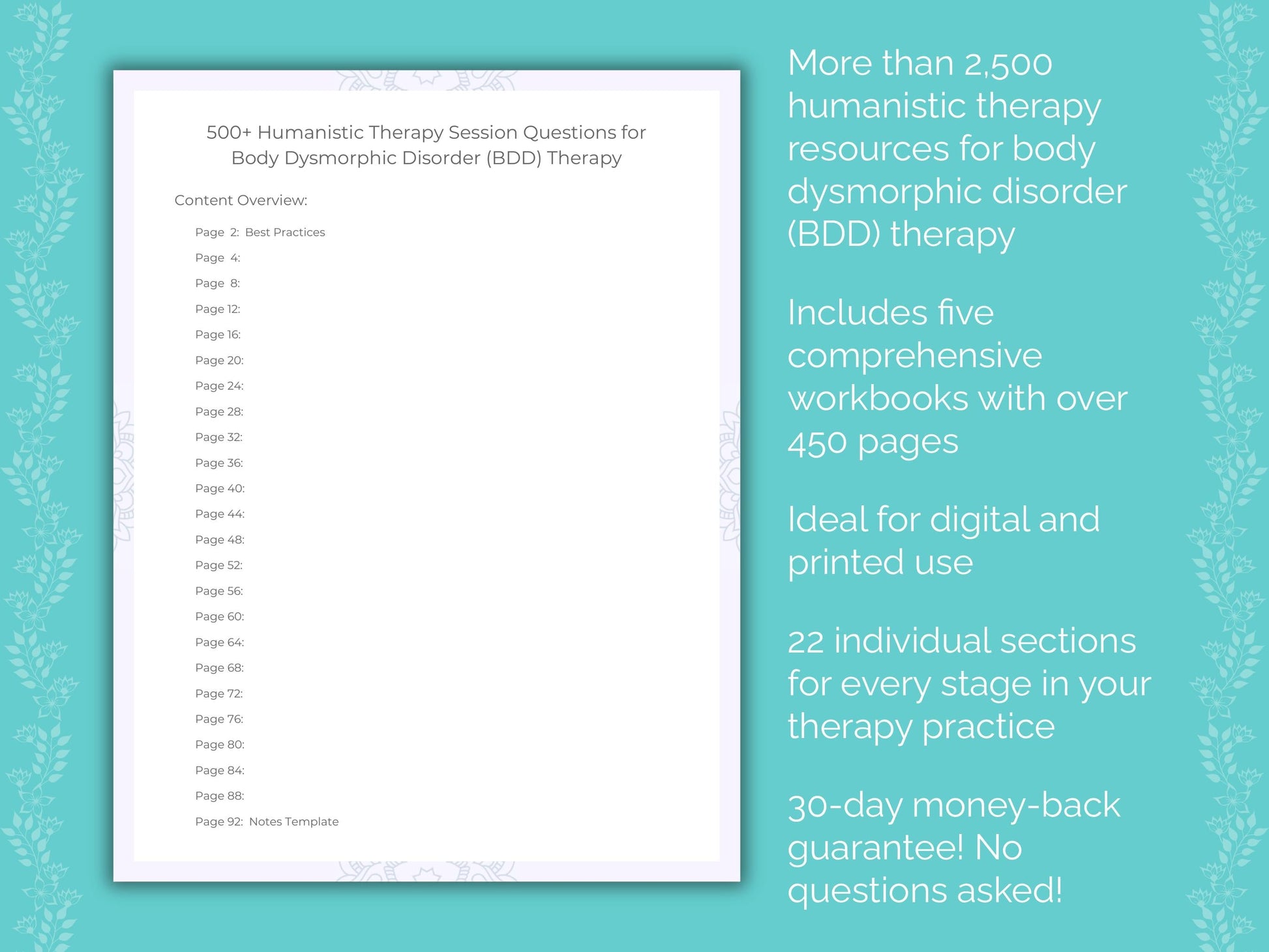 Body Dysmorphic Disorder (BDD) Humanistic Therapy Therapist Worksheets