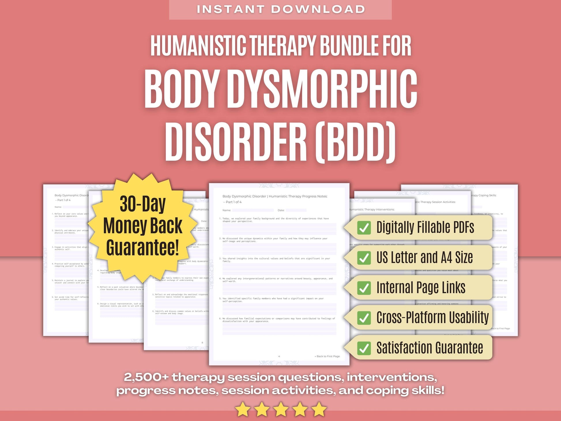 Body Dysmorphic Disorder (BDD) Humanistic Therapy Psychology Workbooks