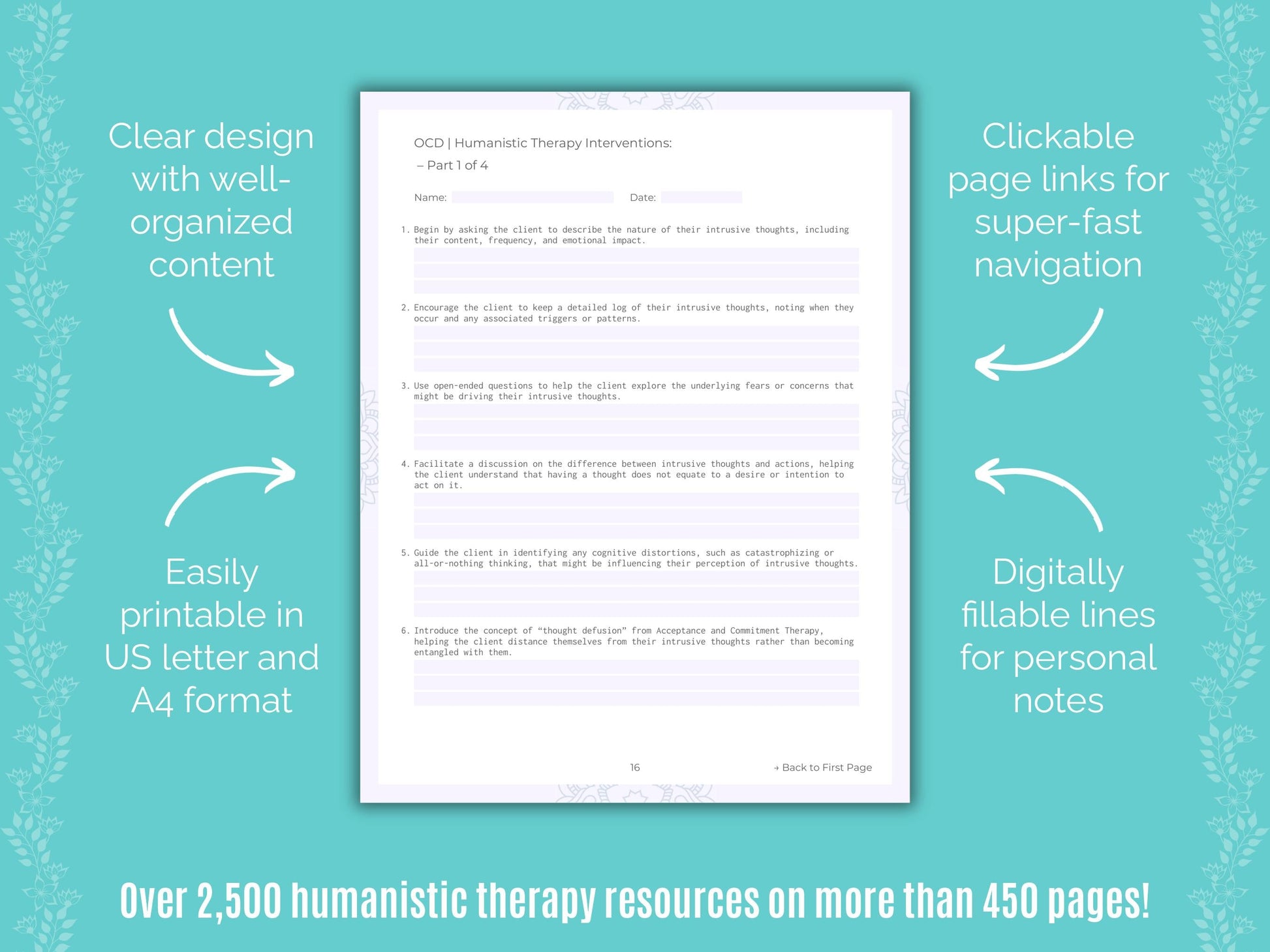 Obsessive-Compulsive Disorder (OCD) Humanistic Therapy Counseling Templates