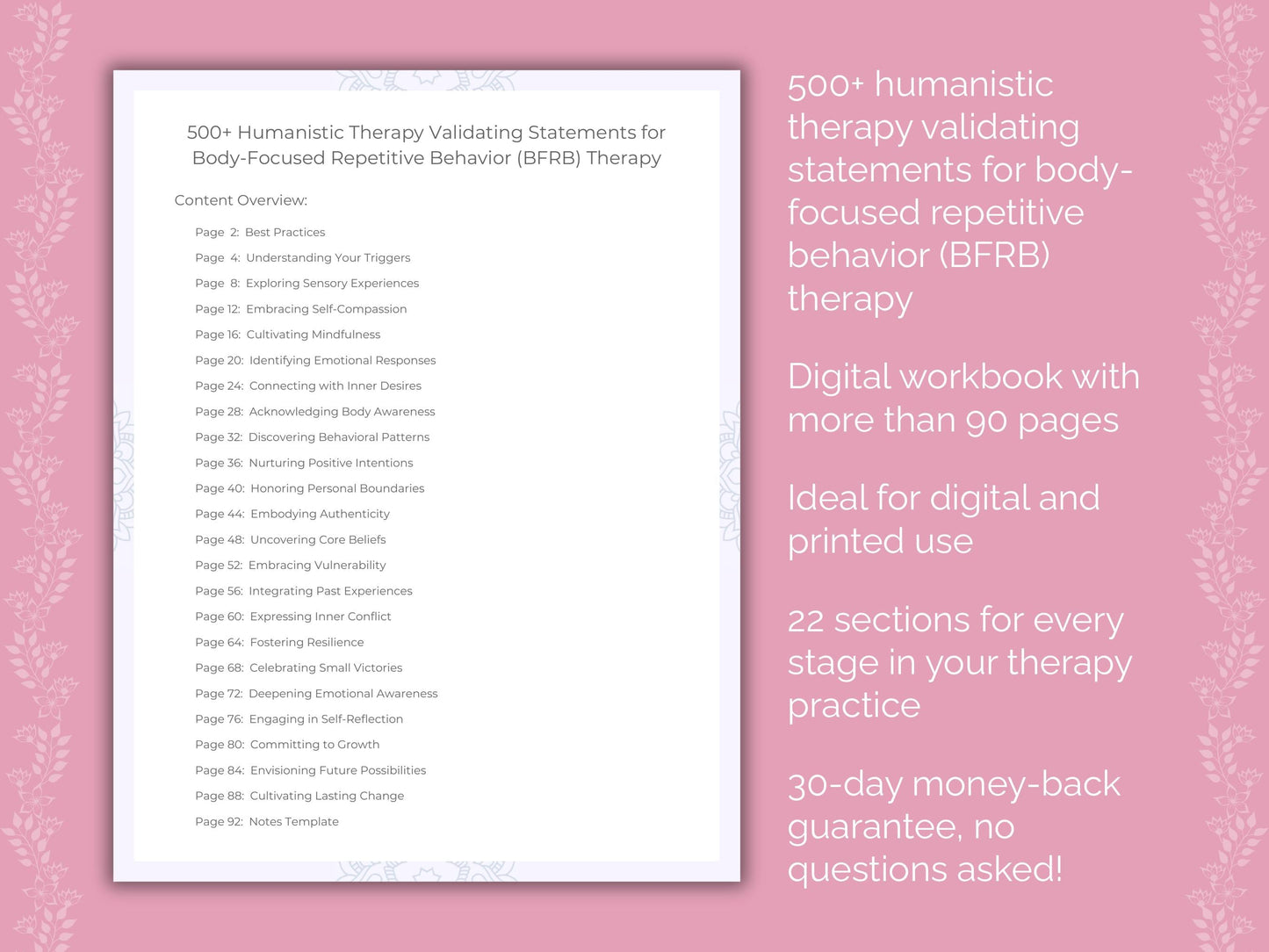Body-Focused Repetitive Behavior (BFRB) Humanistic Therapy Therapist Worksheets