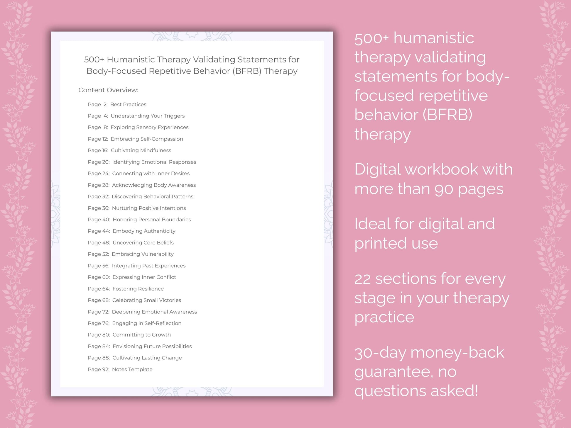 Body-Focused Repetitive Behavior (BFRB) Humanistic Therapy Therapist Worksheets