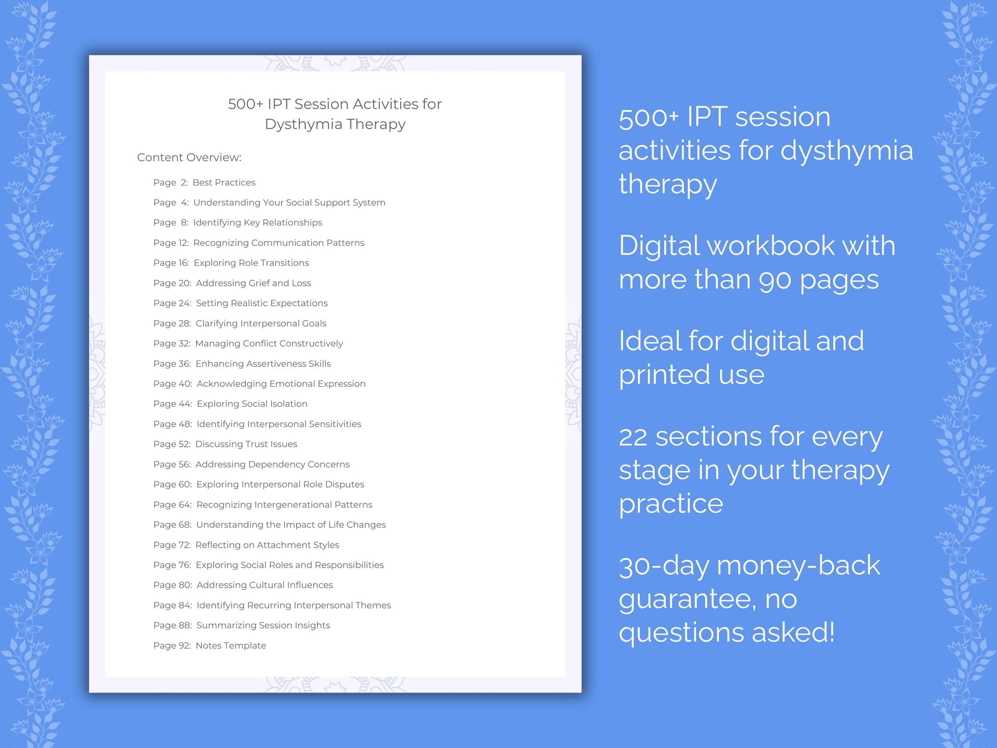 Dysthymia Interpersonal Therapy (IPT) Therapist Worksheets