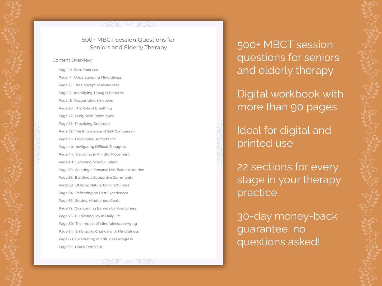 Seniors and Elderly Mindfulness-Based Cognitive Therapy (MBCT) Therapist Worksheets