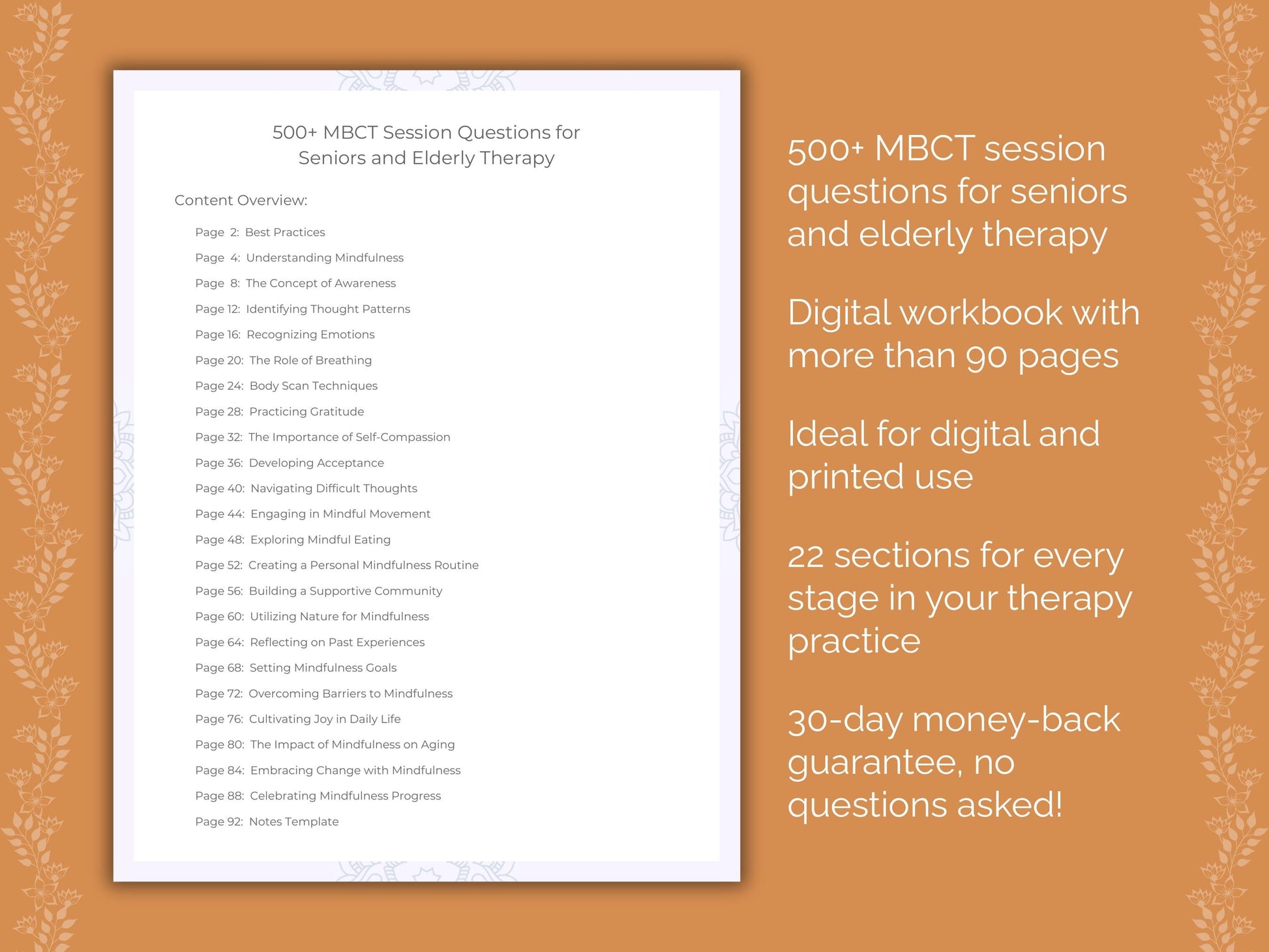 Seniors and Elderly Mindfulness-Based Cognitive Therapy (MBCT) Therapist Worksheets