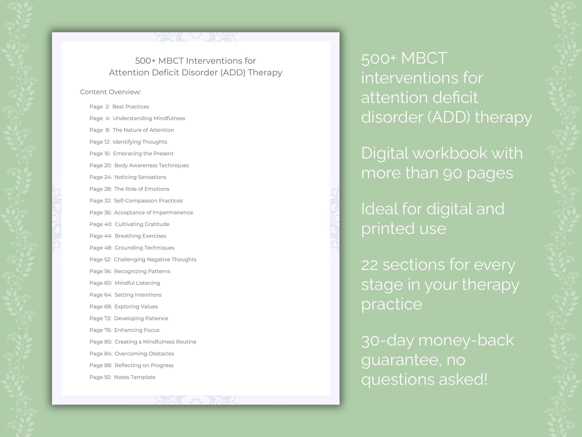 Attention Deficit Disorder (ADD) Mindfulness-Based Cognitive Therapy (MBCT) Therapist Worksheets