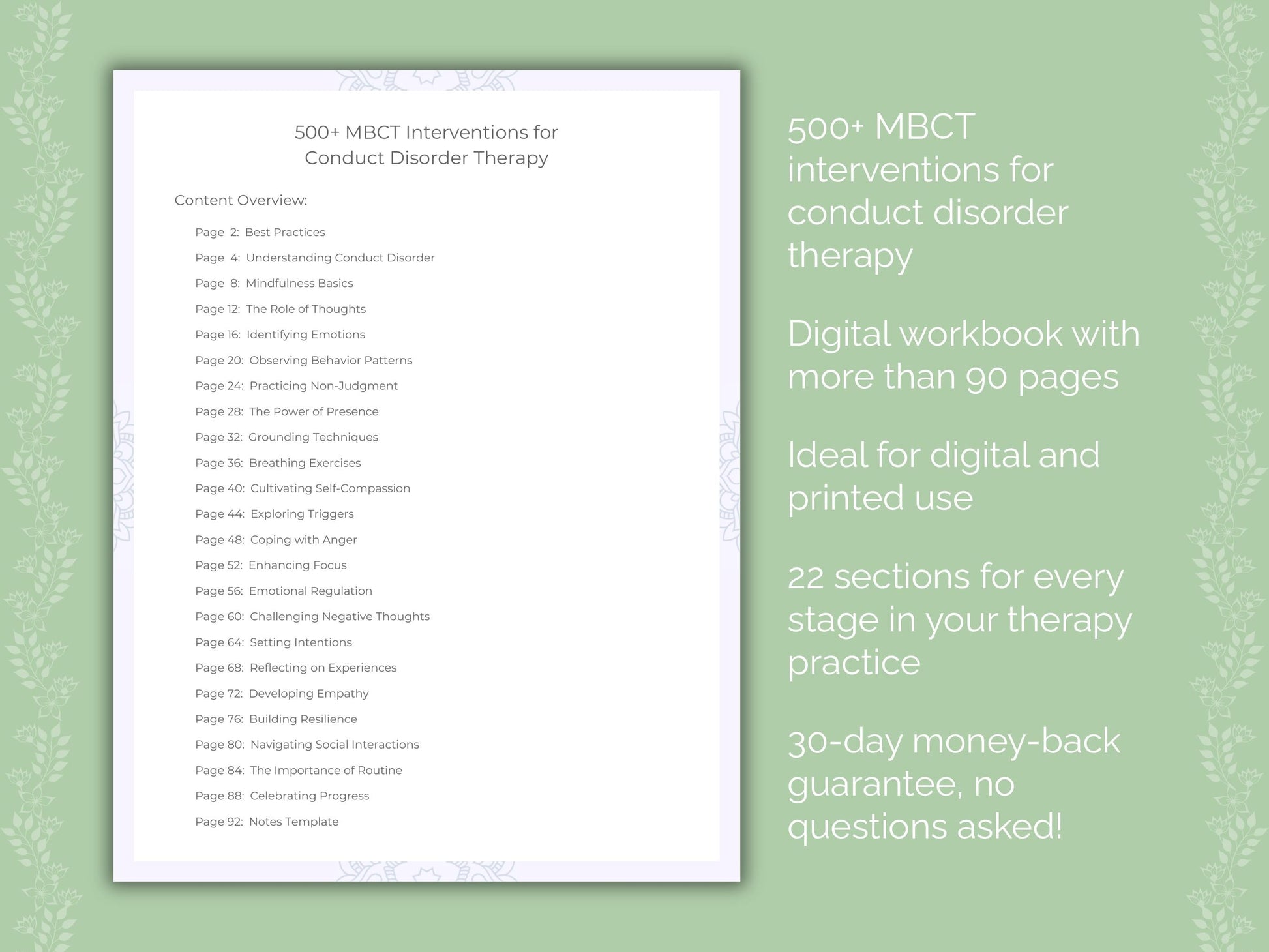 Conduct Disorder Mindfulness-Based Cognitive Therapy (MBCT) Therapist Worksheets