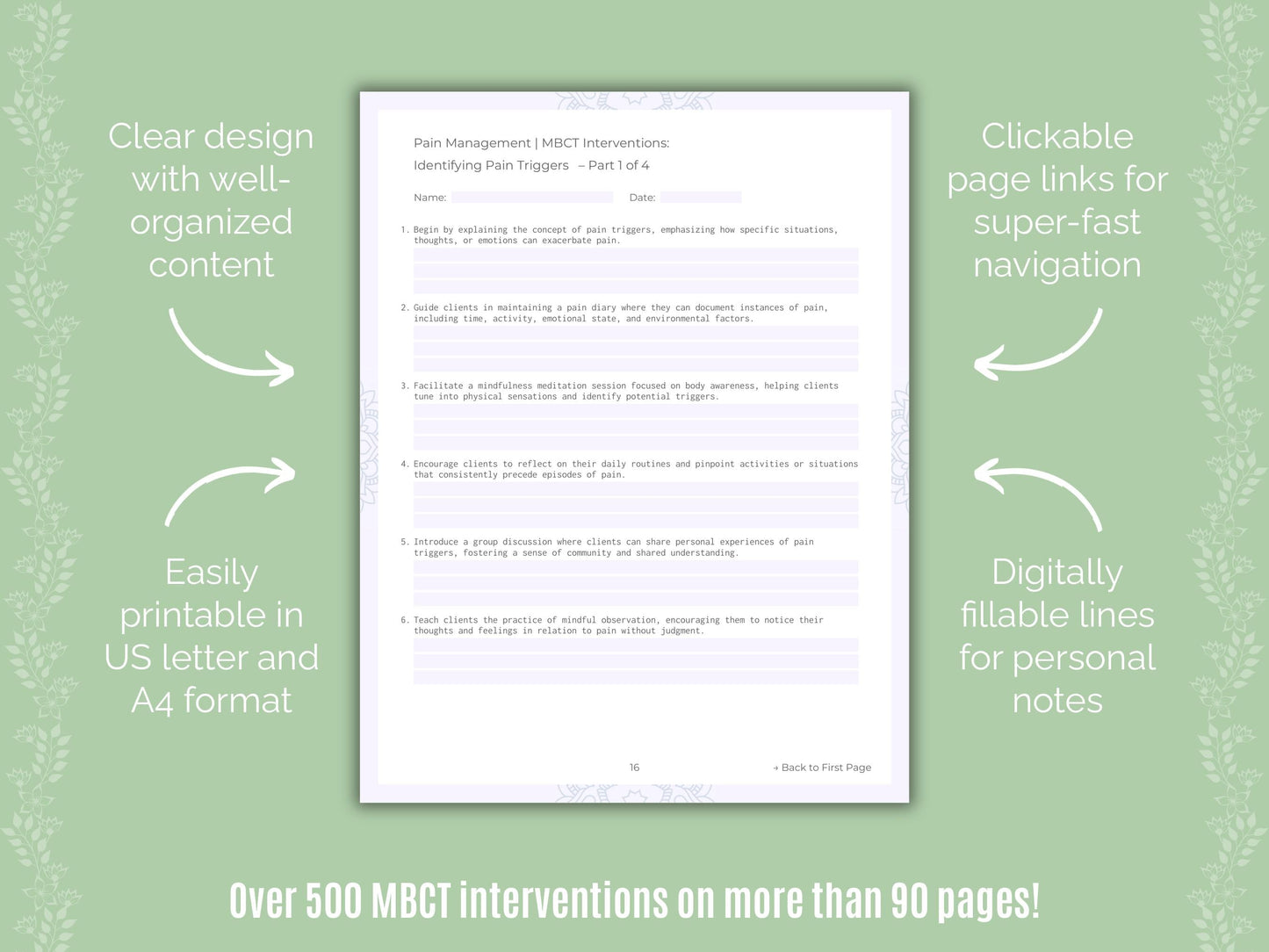 Pain Management Mindfulness-Based Cognitive Therapy (MBCT) Counseling Templates