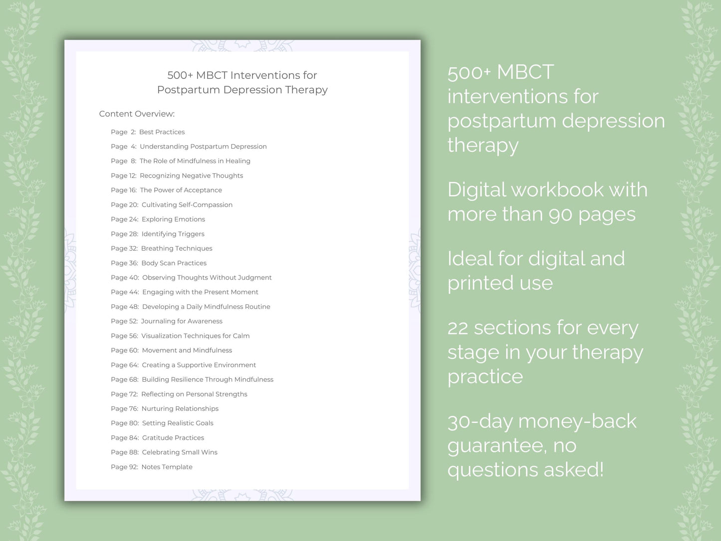 Postpartum Depression Mindfulness-Based Cognitive Therapy (MBCT) Therapist Worksheets