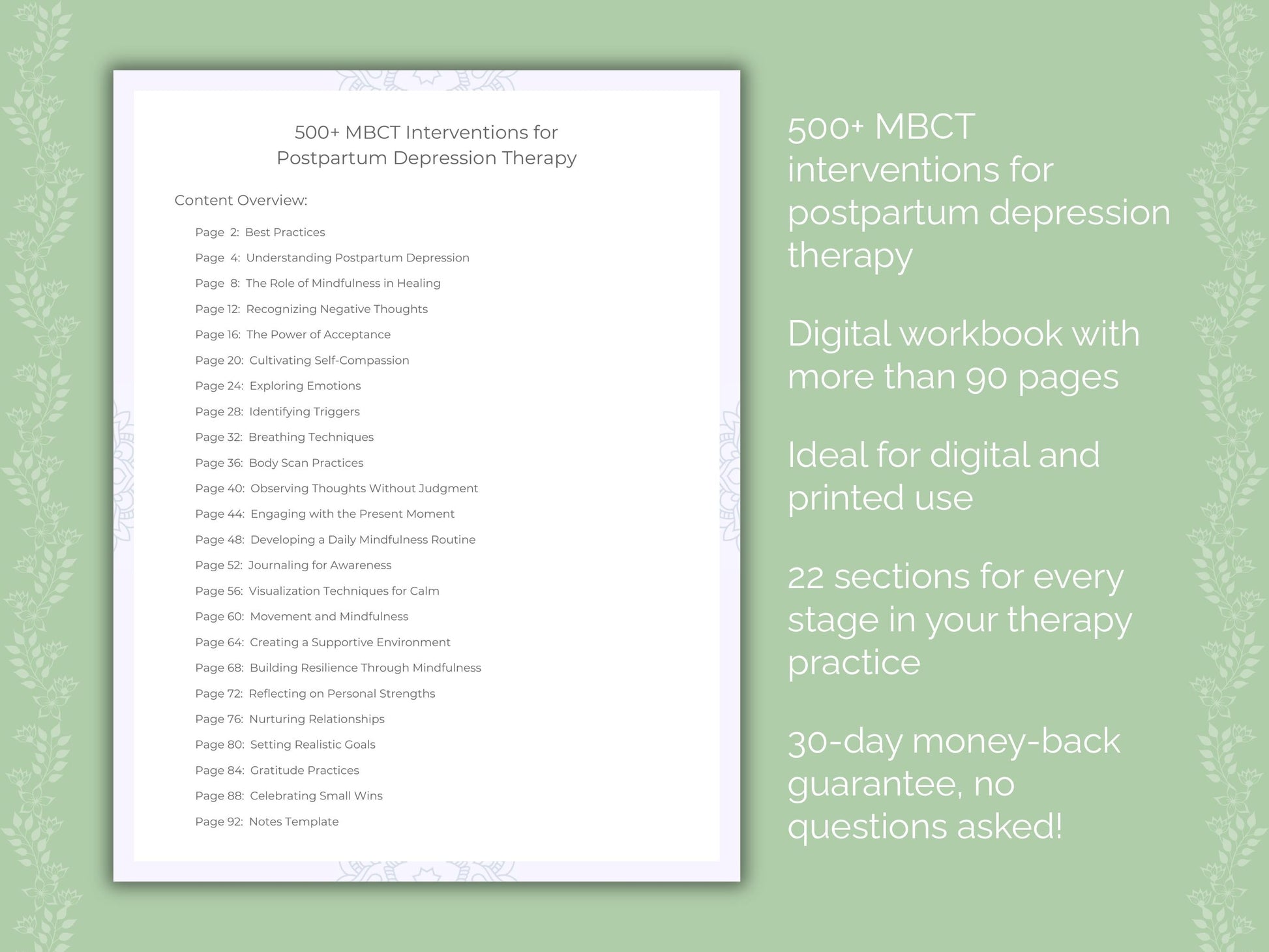 Postpartum Depression Mindfulness-Based Cognitive Therapy (MBCT) Therapist Worksheets