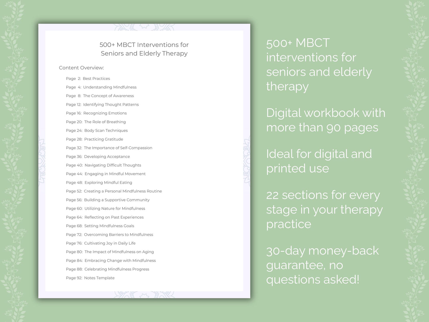 Seniors and Elderly Mindfulness-Based Cognitive Therapy (MBCT) Therapist Worksheets