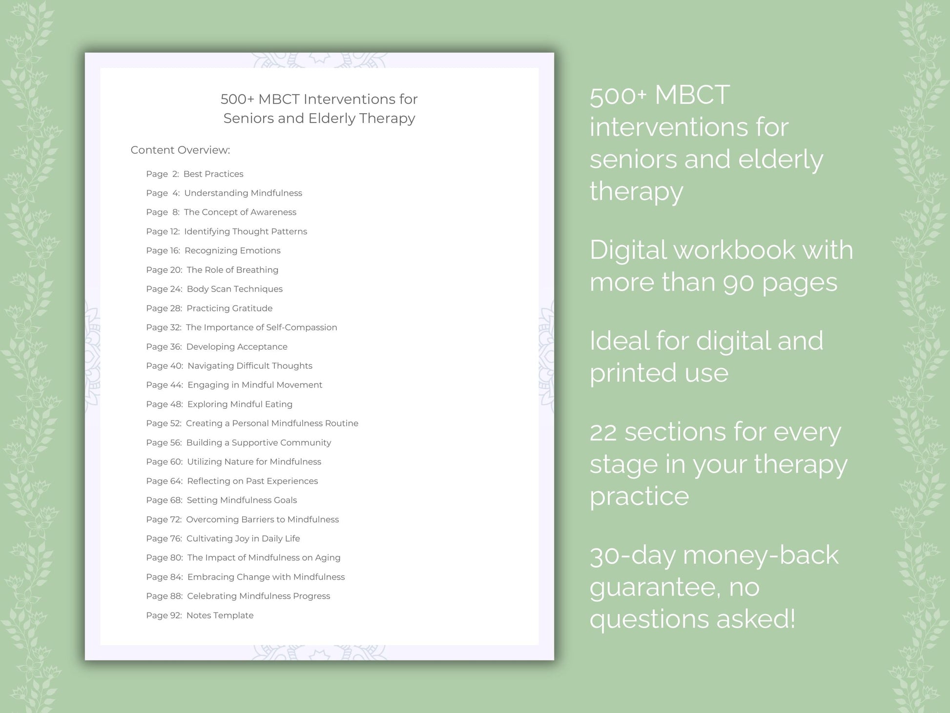 Seniors and Elderly Mindfulness-Based Cognitive Therapy (MBCT) Therapist Worksheets