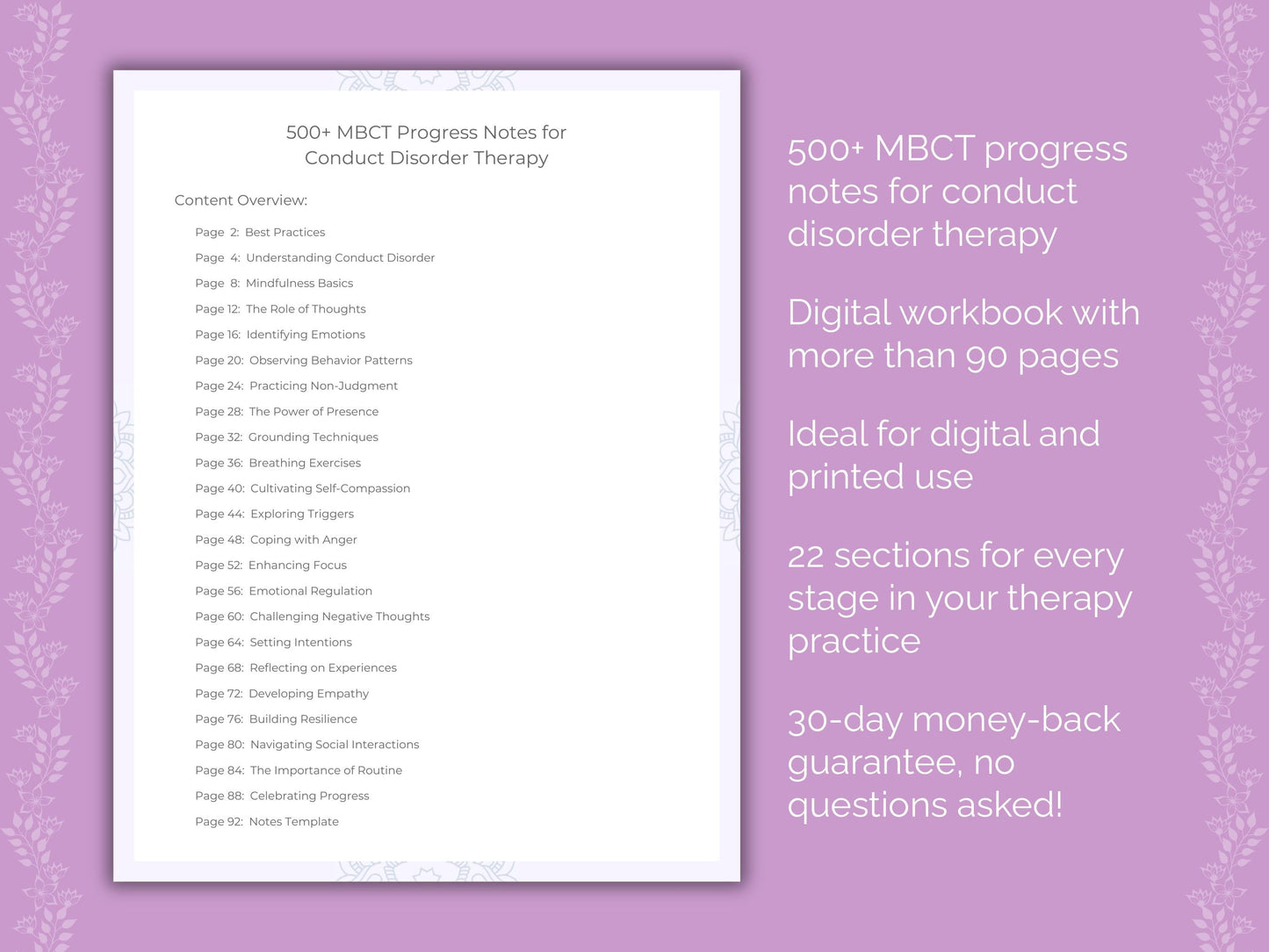 Conduct Disorder Mindfulness-Based Cognitive Therapy (MBCT) Therapist Worksheets