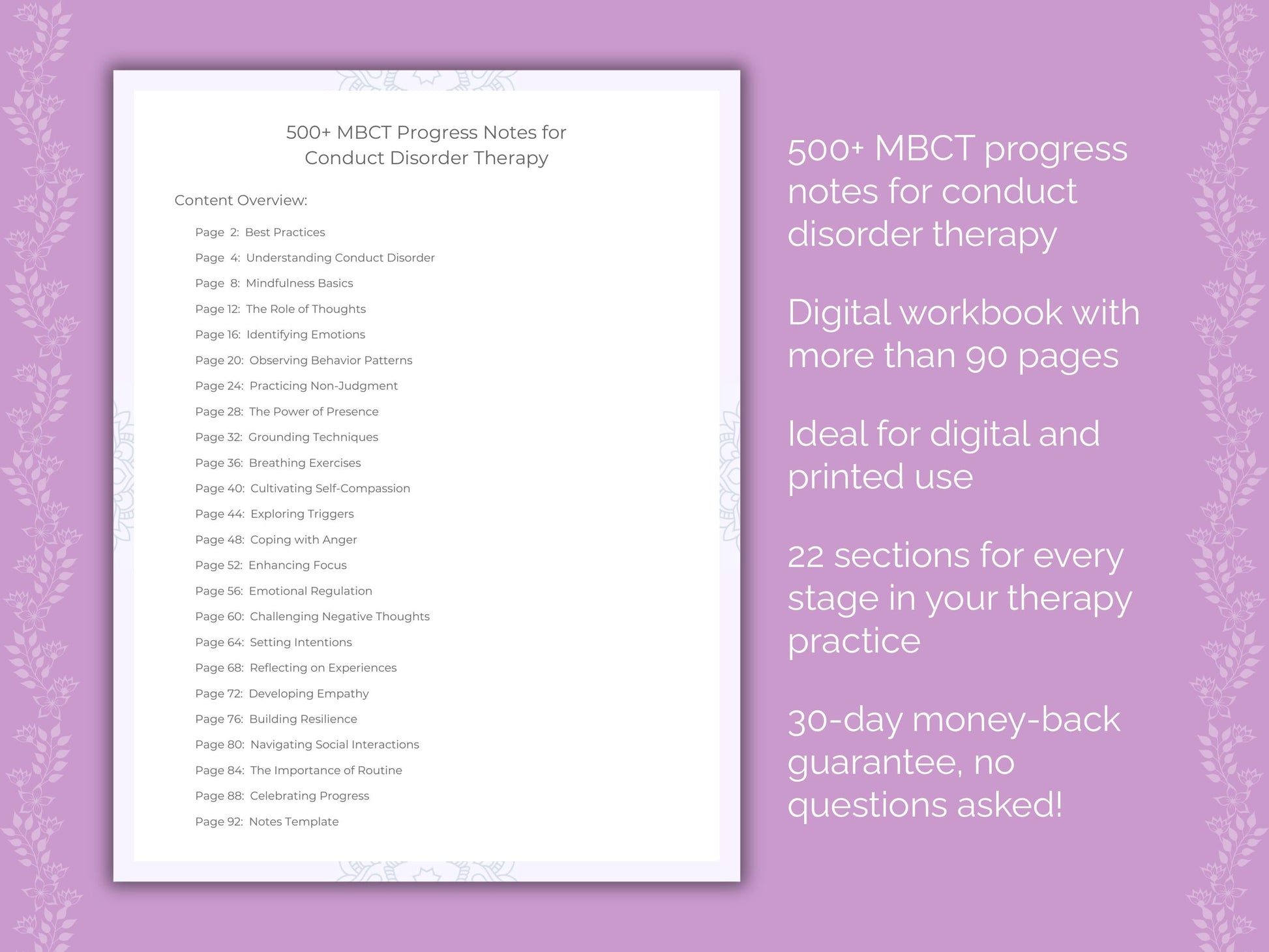 Conduct Disorder Mindfulness-Based Cognitive Therapy (MBCT) Therapist Worksheets