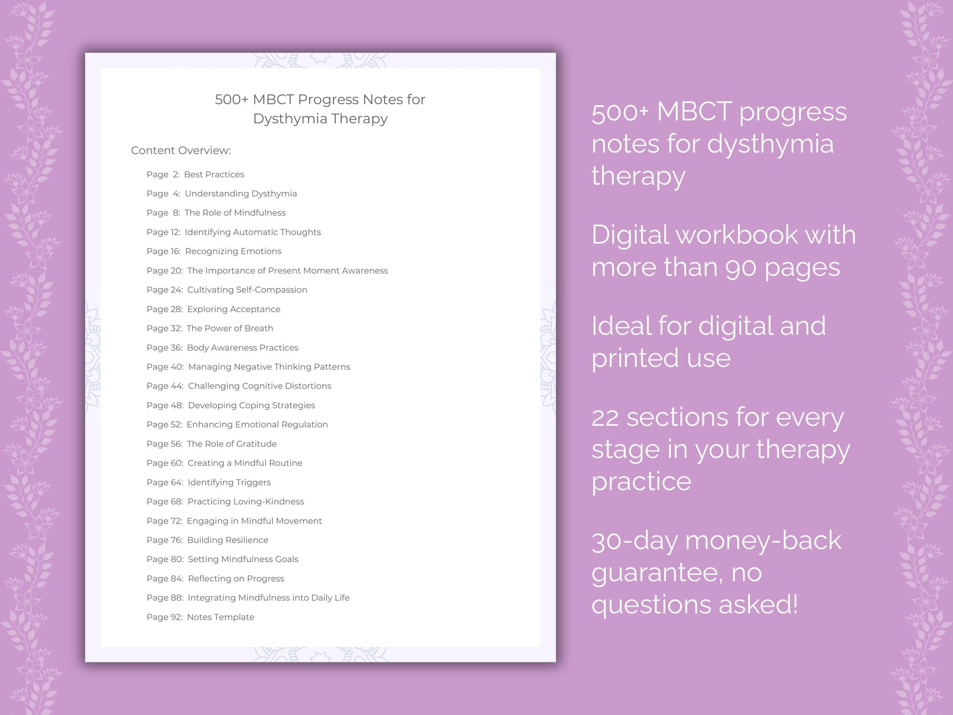 Dysthymia Mindfulness-Based Cognitive Therapy (MBCT) Therapist Worksheets