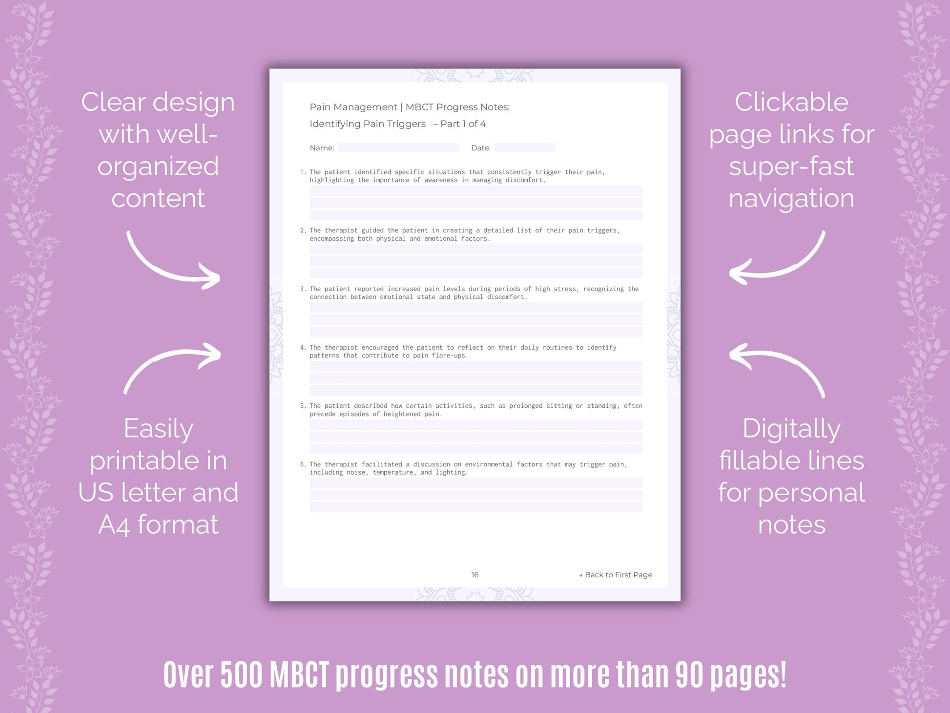 Pain Management Mindfulness-Based Cognitive Therapy (MBCT) Counseling Templates