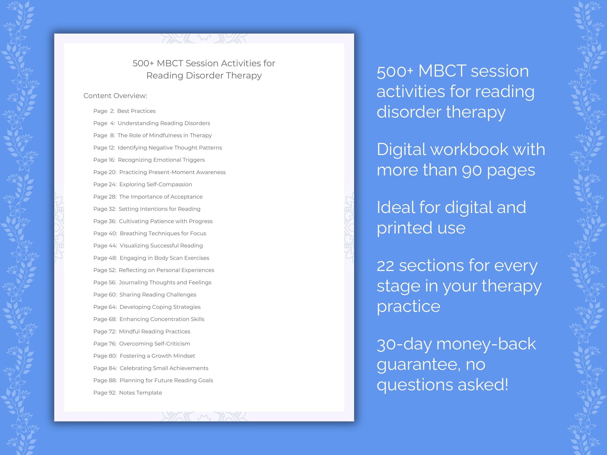 Reading Disorder Mindfulness-Based Cognitive Therapy (MBCT) Therapist Worksheets